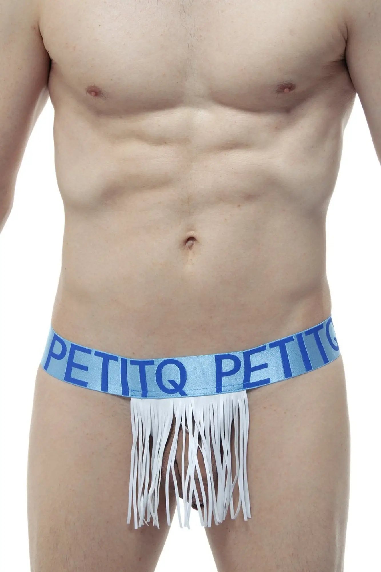 Light blue and white fringed petitq ball lifter men’s underwear with petitq branded waistband in front view