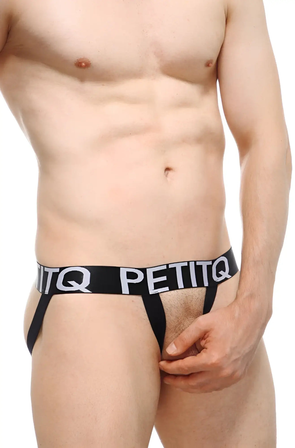 Black petitq ball-lifter jockstrap with white branded waistband lettering for support and lift