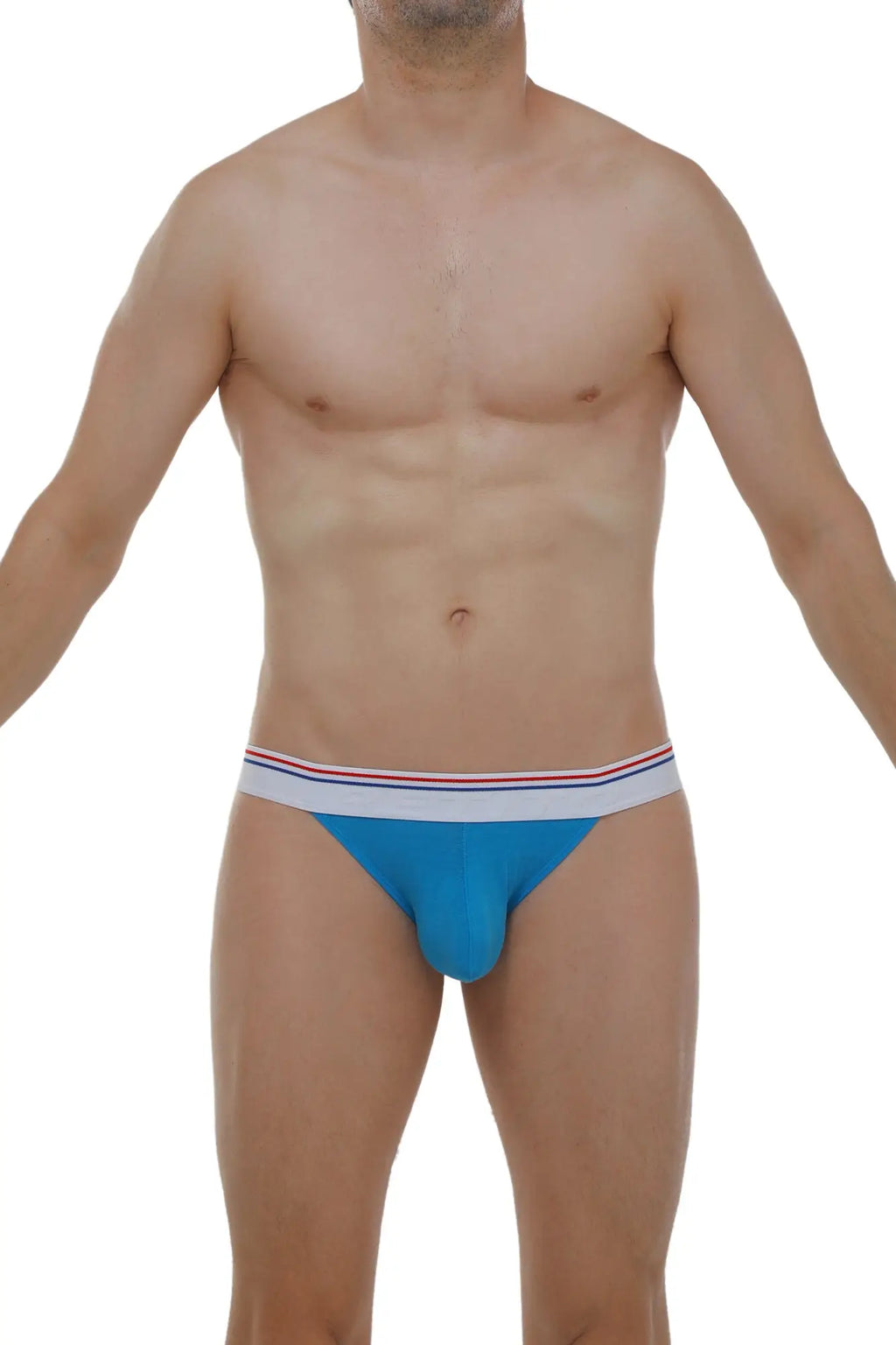 Blue petitq bikini aizy modal azur athletic briefs with white waistband and red and blue stripe accents