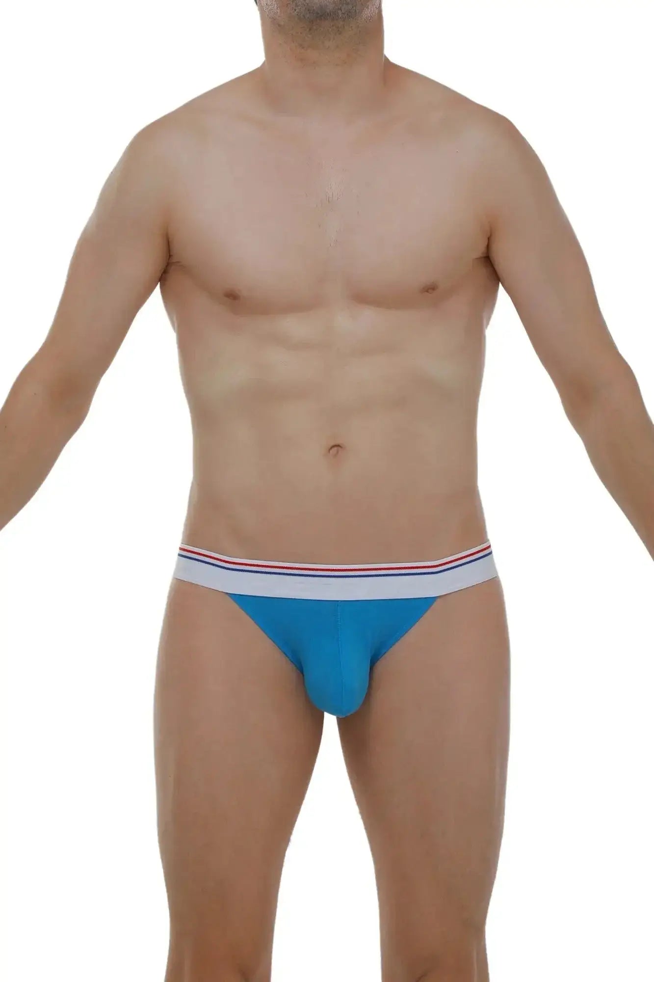 Blue petitq bikini aizy modal azur athletic briefs with white waistband and red and blue stripe accents