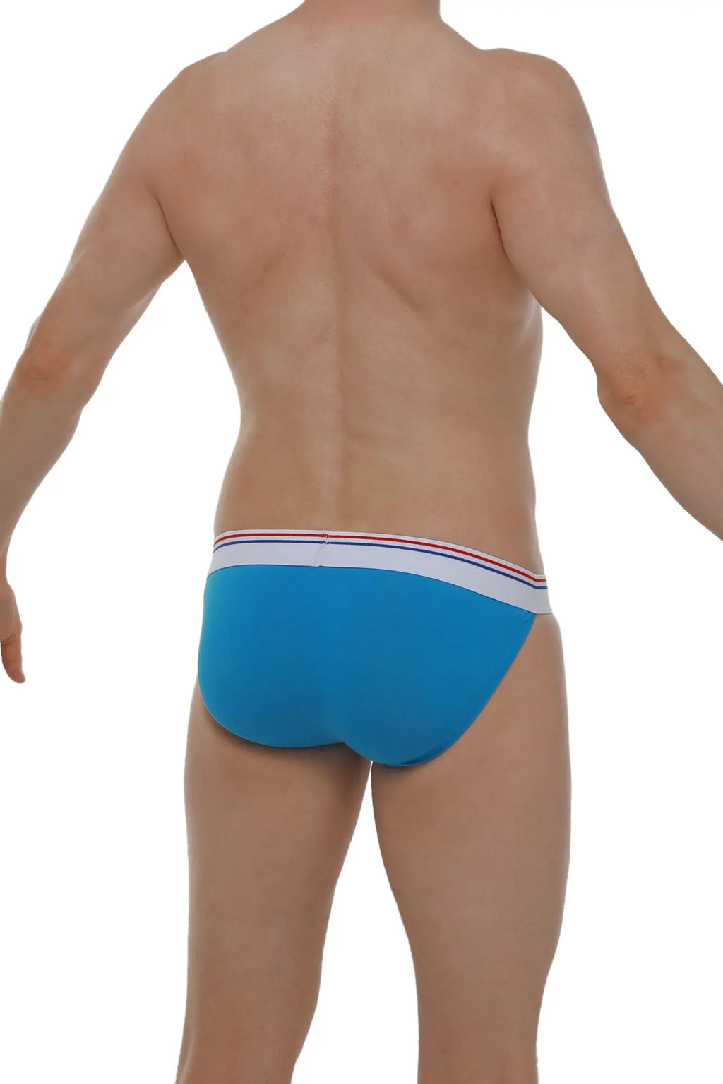 Bright blue petitq bikini aizy modal azur briefs with white waistband accented by red and navy stripes