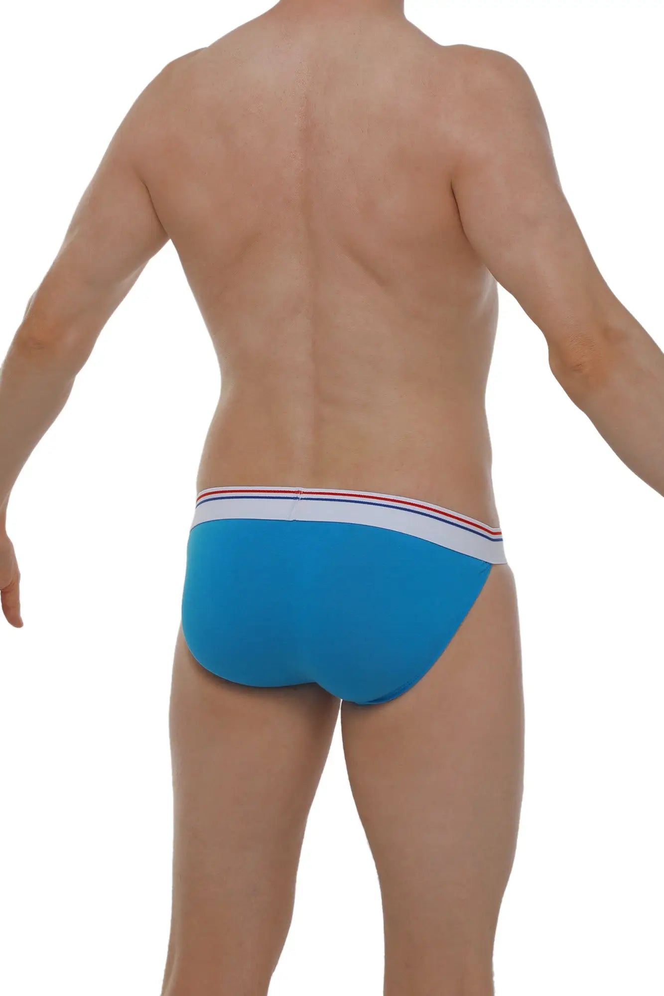 Bright blue petitq bikini aizy modal azur briefs with white waistband accented by red and navy stripes