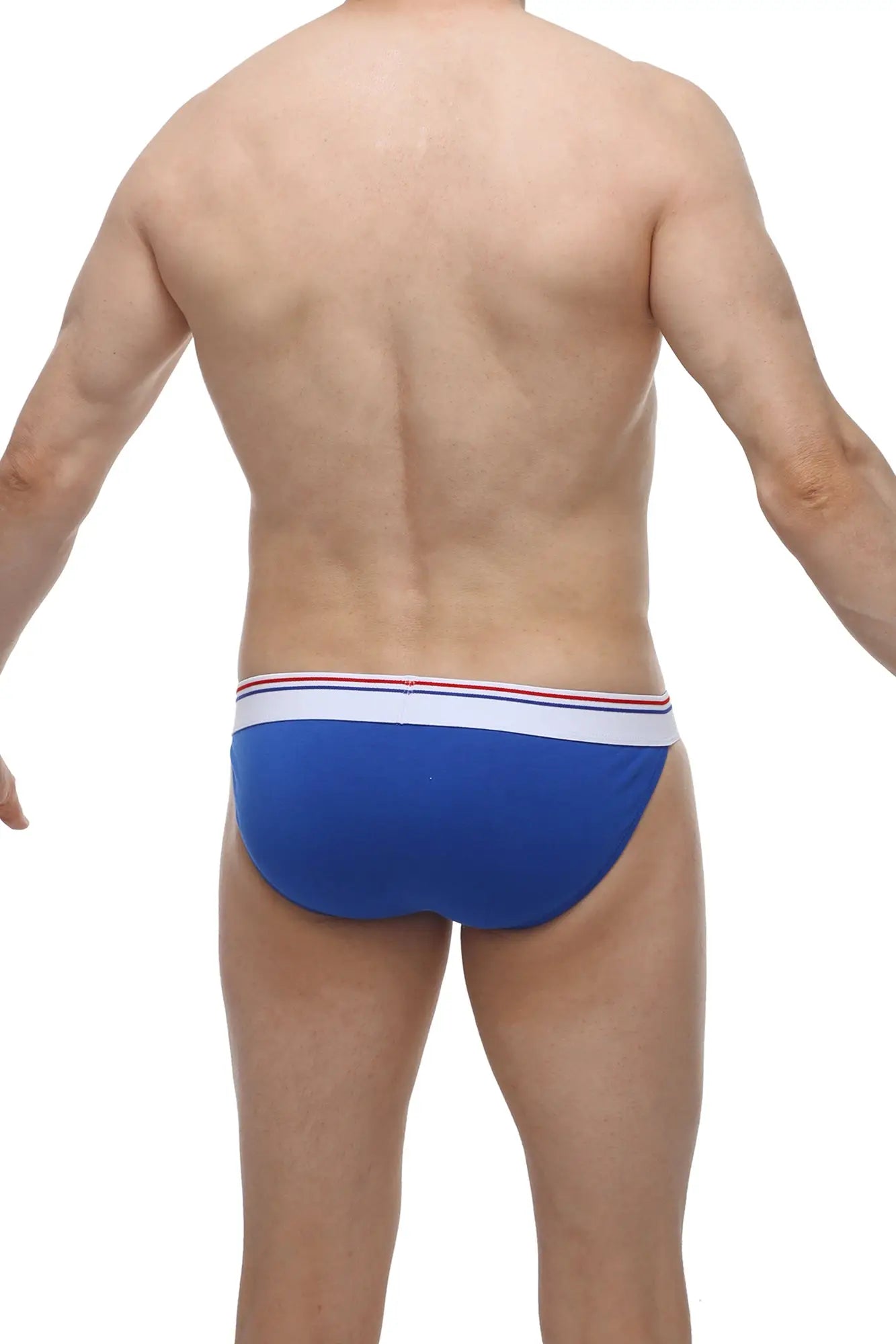 Blue petitq bikini aizy modal men’s briefs with white waistband featuring thin red and blue stripes