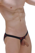 Black petitq bikini brief with red devil-themed pattern designed for boudoir wear in soft fabric