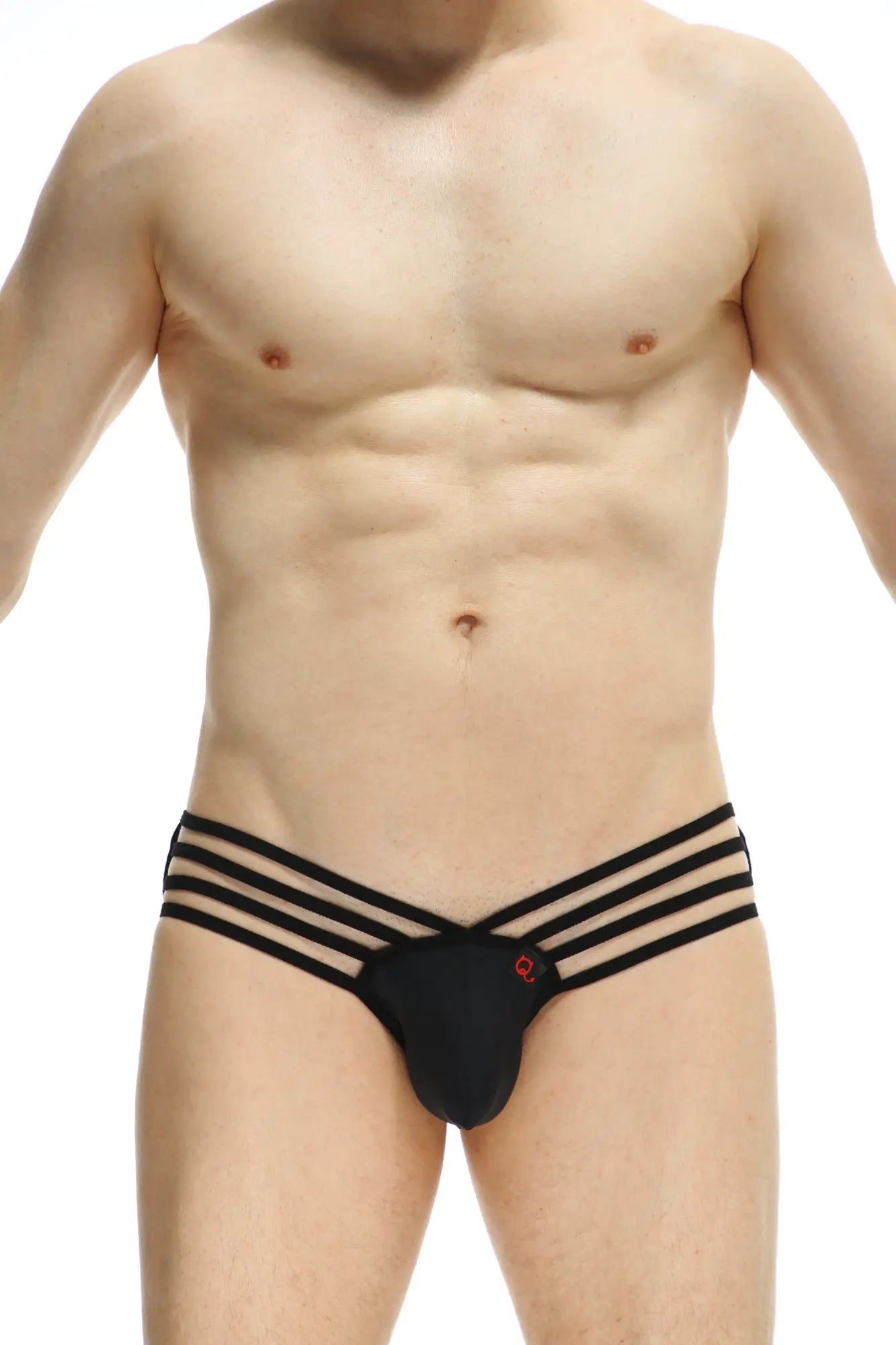 Petitq bikini axat black athletic briefs with three horizontal waistband stripes and a small red front logo