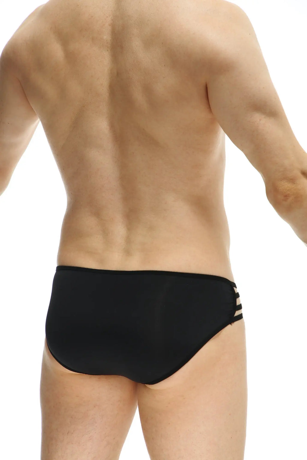 Petitq bikini axat black swim trunks with three horizontal white stripes on the side in black fabric
