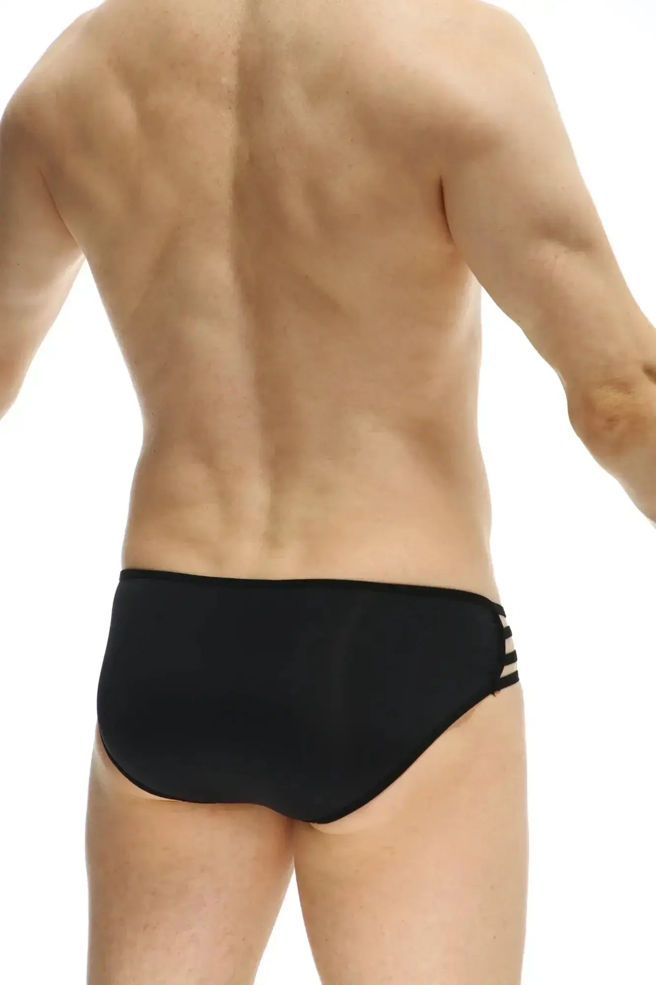 Petitq bikini axat black swim trunks with three horizontal white stripes on the side in black fabric