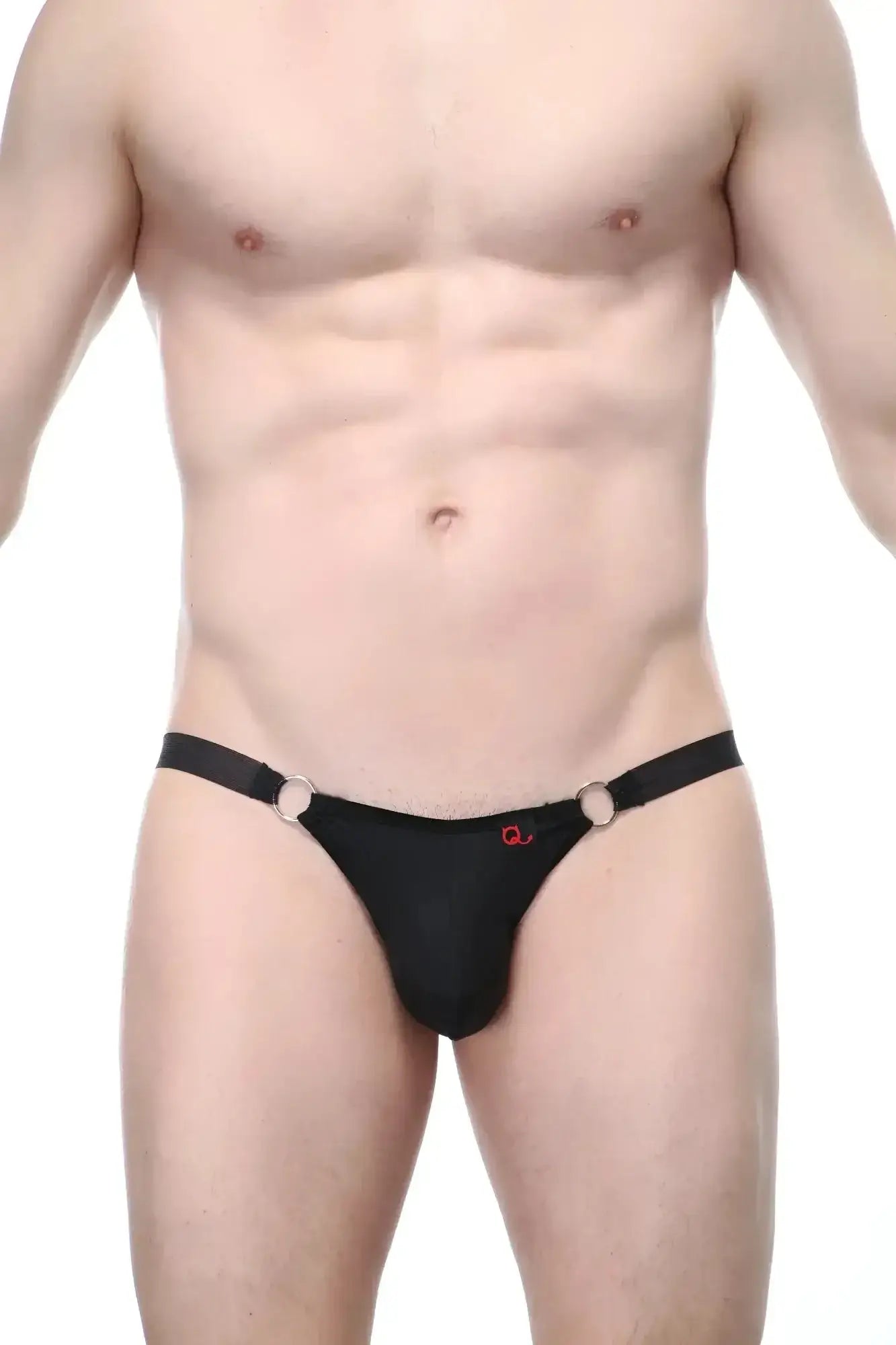 PetitQ bikini Bayel black thong with silver-toned metal rings at sides and small red logo on front
