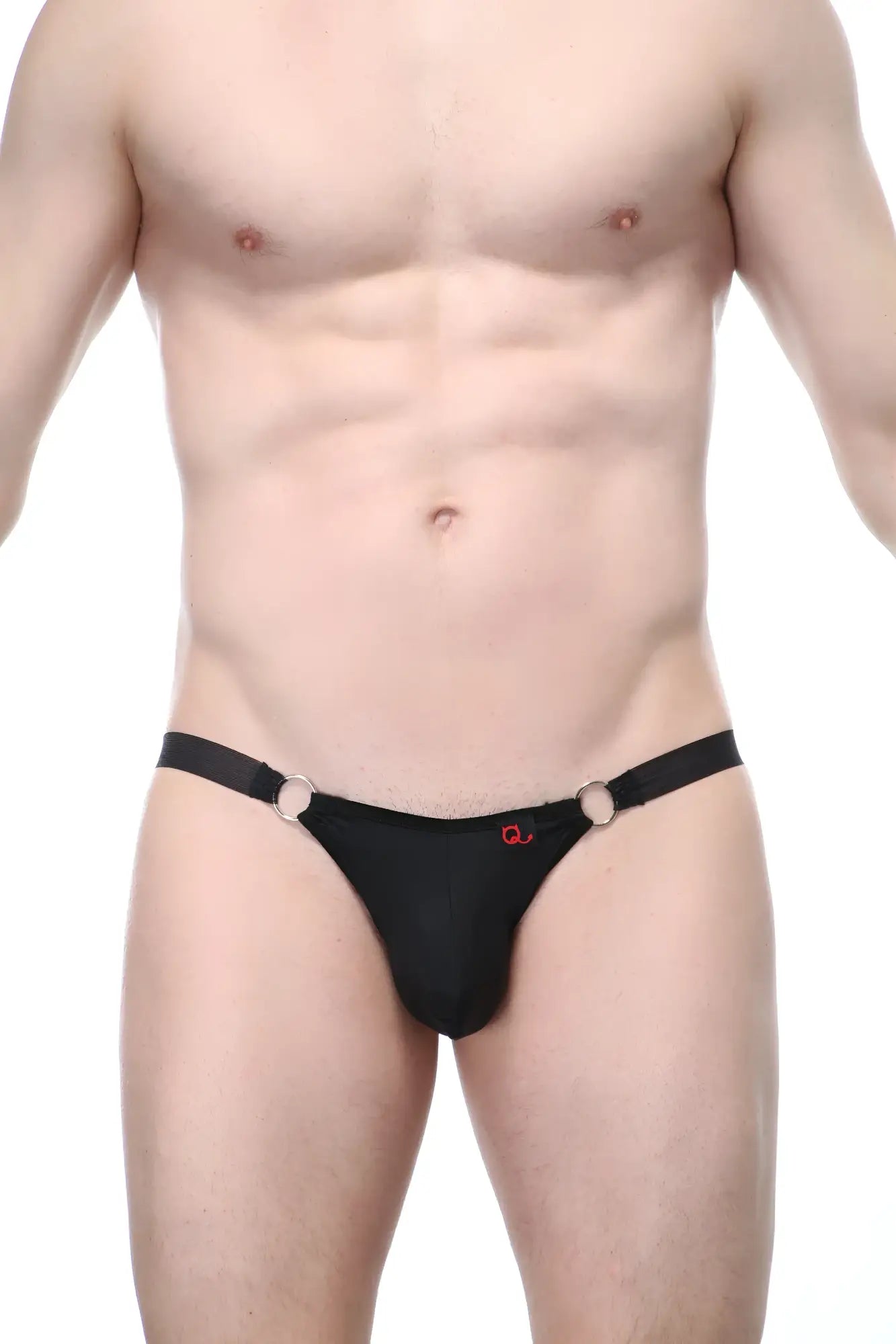 PetitQ bikini Bayel black thong with silver-toned metal rings at sides and small red logo on front