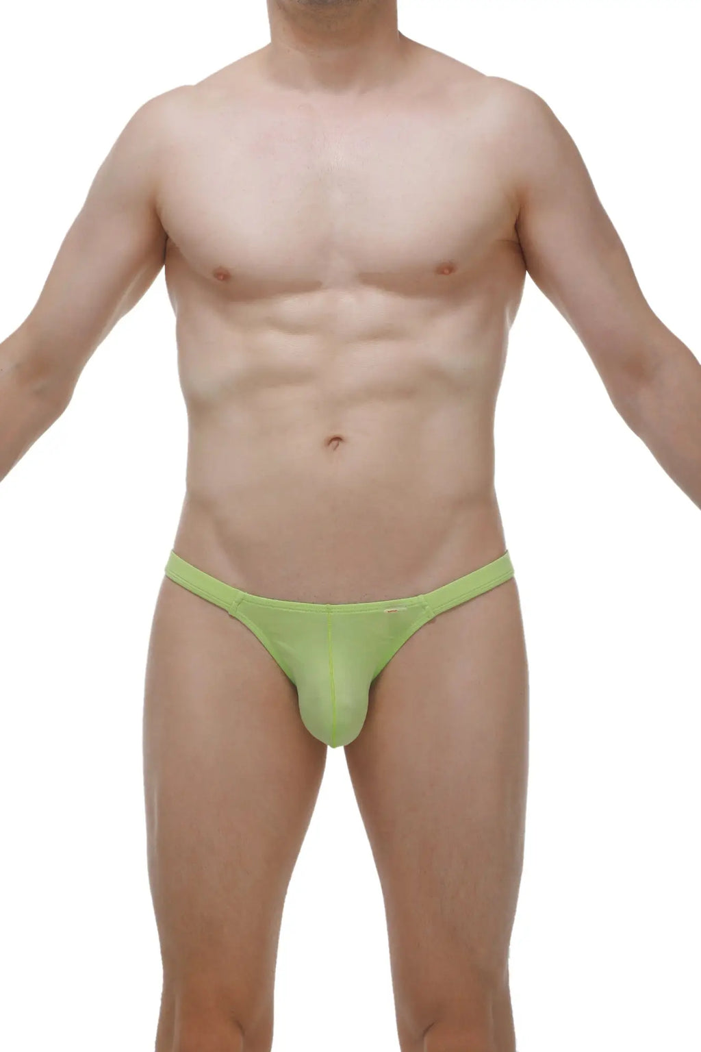A lime green petitq bikini bessas bamboo thong made of smooth stretchy fabric shown from the back side