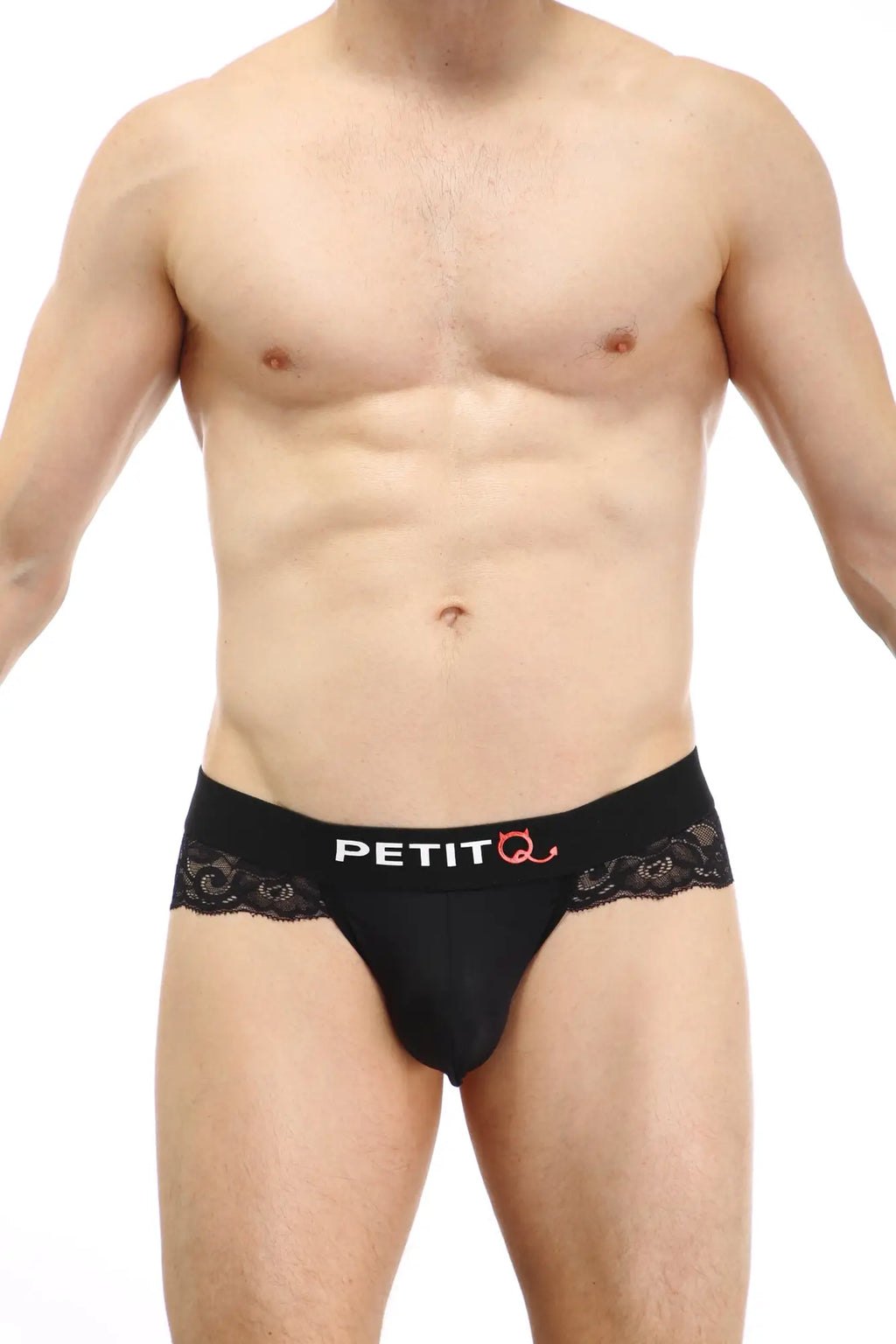Black lace-trimmed men’s briefs in black with petitq branding from the PetitQ Bikini Blécourt Black collection