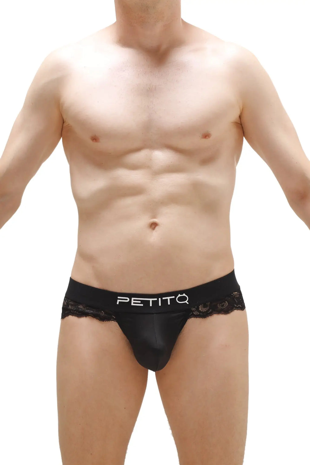 Black lace-trimmed petitq bikini briefs in black with a sleek satin-like finish perfect for elegant lingerie wear