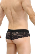 PetitQ bikini blécourt black lace underwear with solid black waistband and intricate floral patterns front view