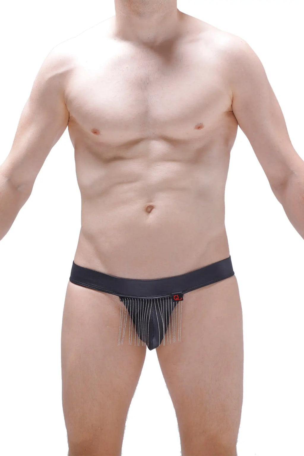 Black denim-style PetitQ bikini cabaret briefs with fringed front detail and a small red logo on the waistband