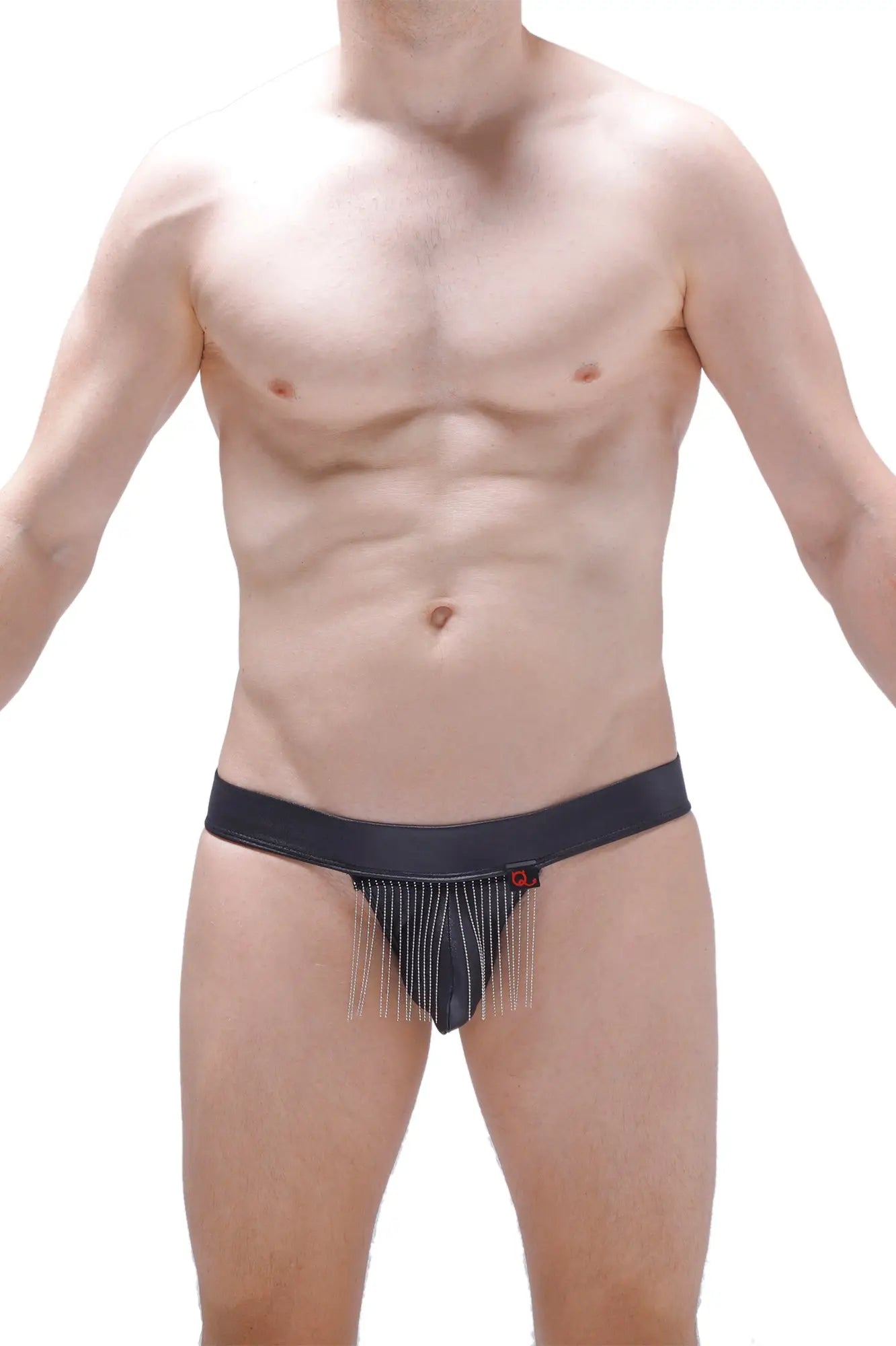 Black denim-style PetitQ bikini cabaret briefs with fringed front detail and a small red logo on the waistband