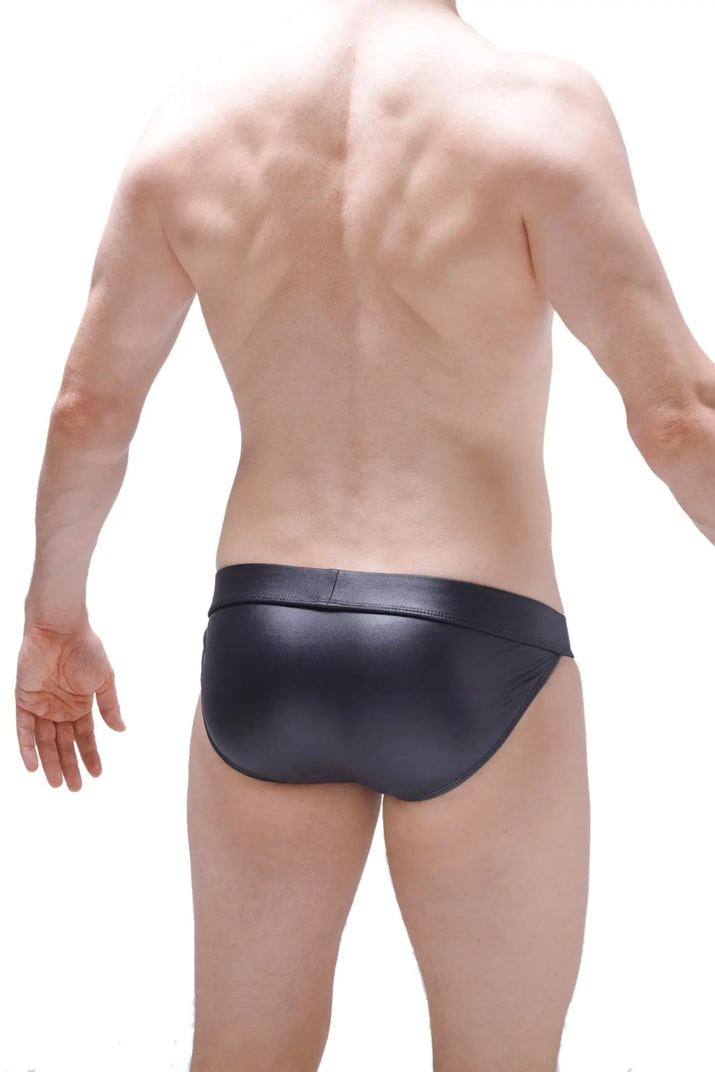 Black shiny faux leather PetitQ bikini cabaret briefs showing the front with a sleek glossy finish
