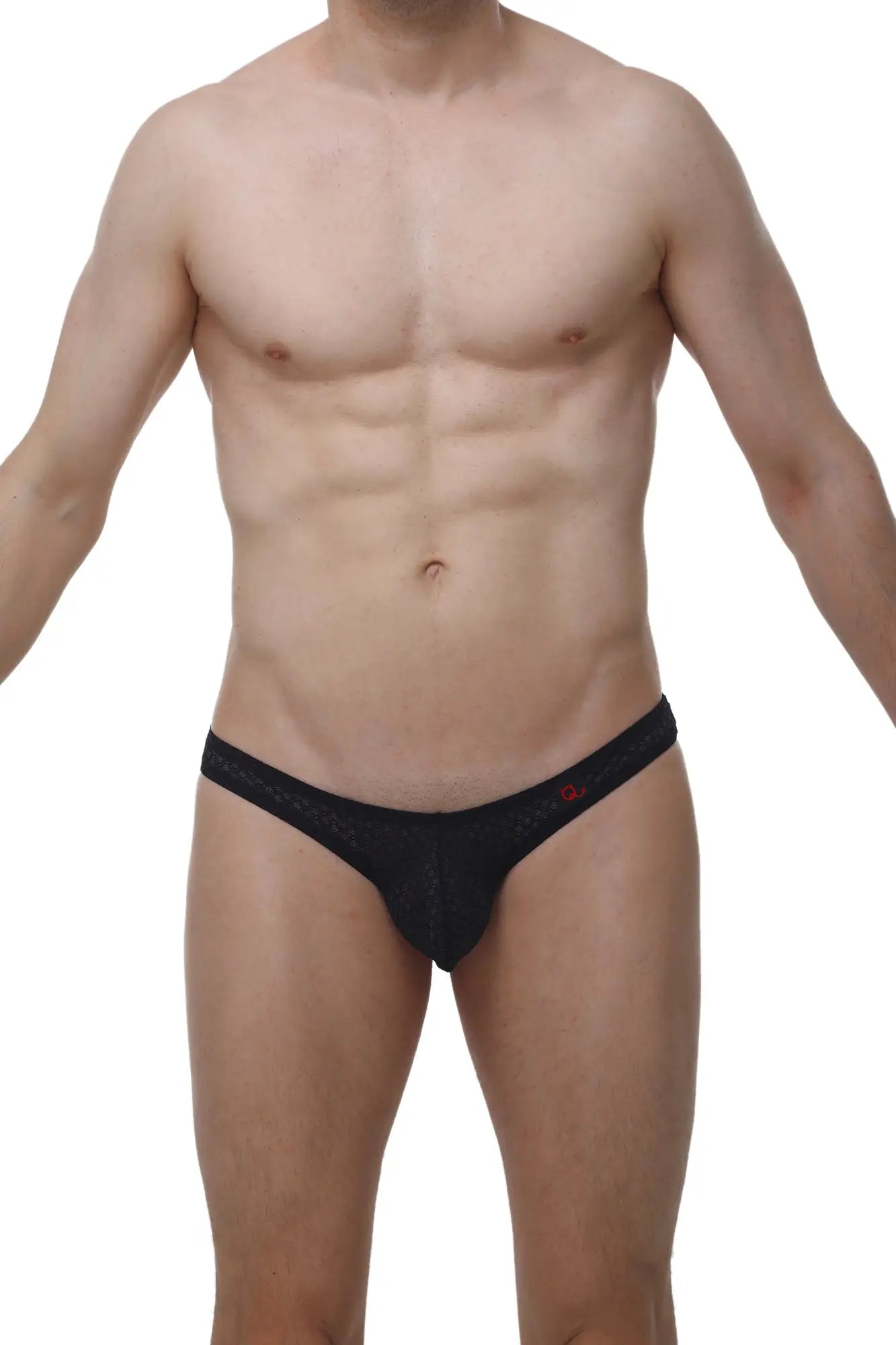 Black mesh petitq bikini capri macra briefs with subtle red logo on waistband