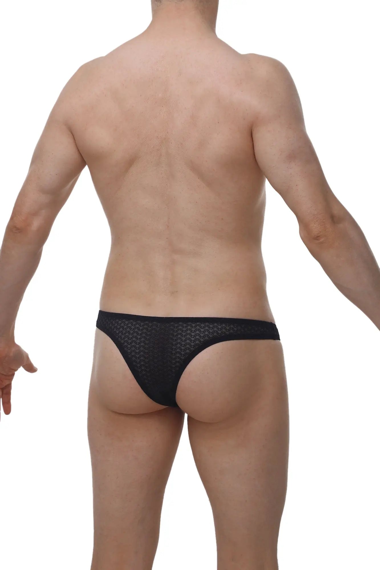 Petitq bikini capri macra black mesh briefs with textured patterned design showing front side