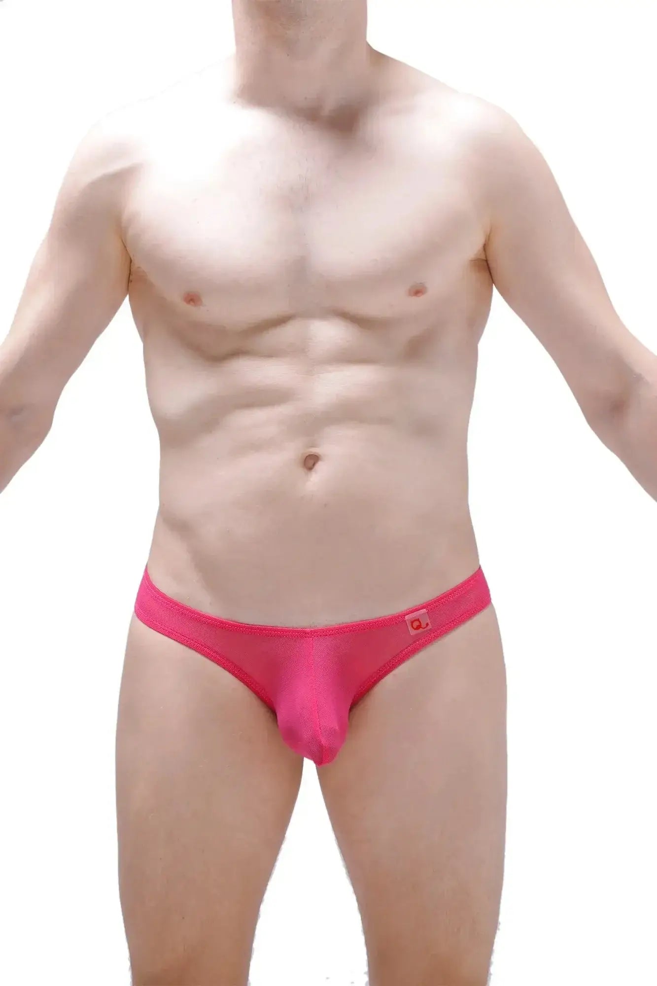 Bright pink petitq bikini capri net fuchsia men’s briefs with smooth stretchy fabric and red logo on waistband