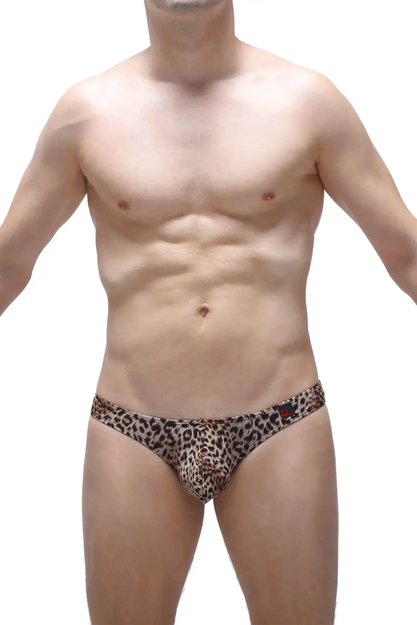 Petitq bikini capri panthere leopard-print men’s briefs in tan and black with a snug, form-fitting design