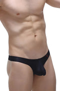 Black petitq bikini capri voile briefs with subtle sheen and small red logo on waistband