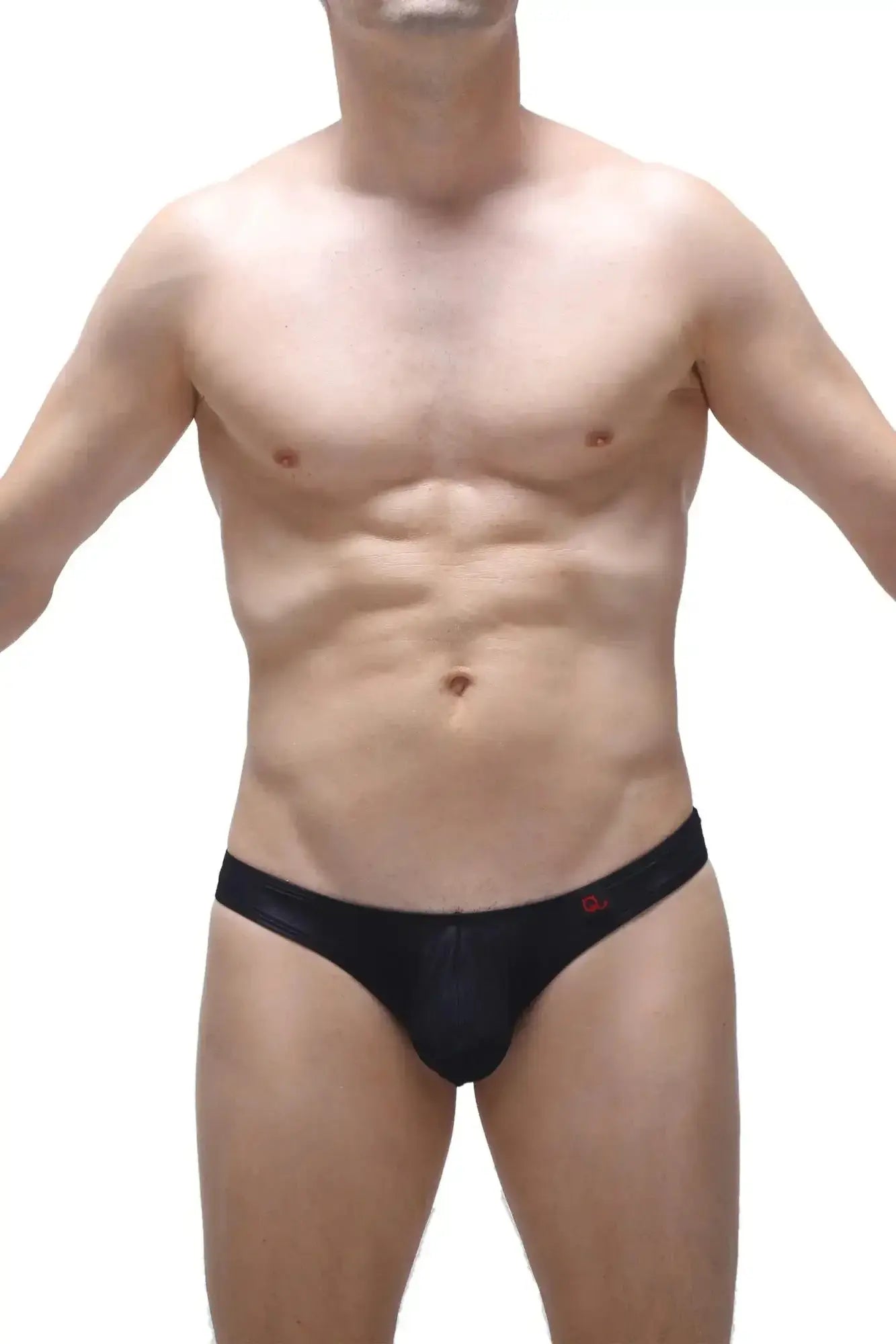 Black men’s briefs petitq bikini capri voile in black with subtle sheen and small red logo on waistband
