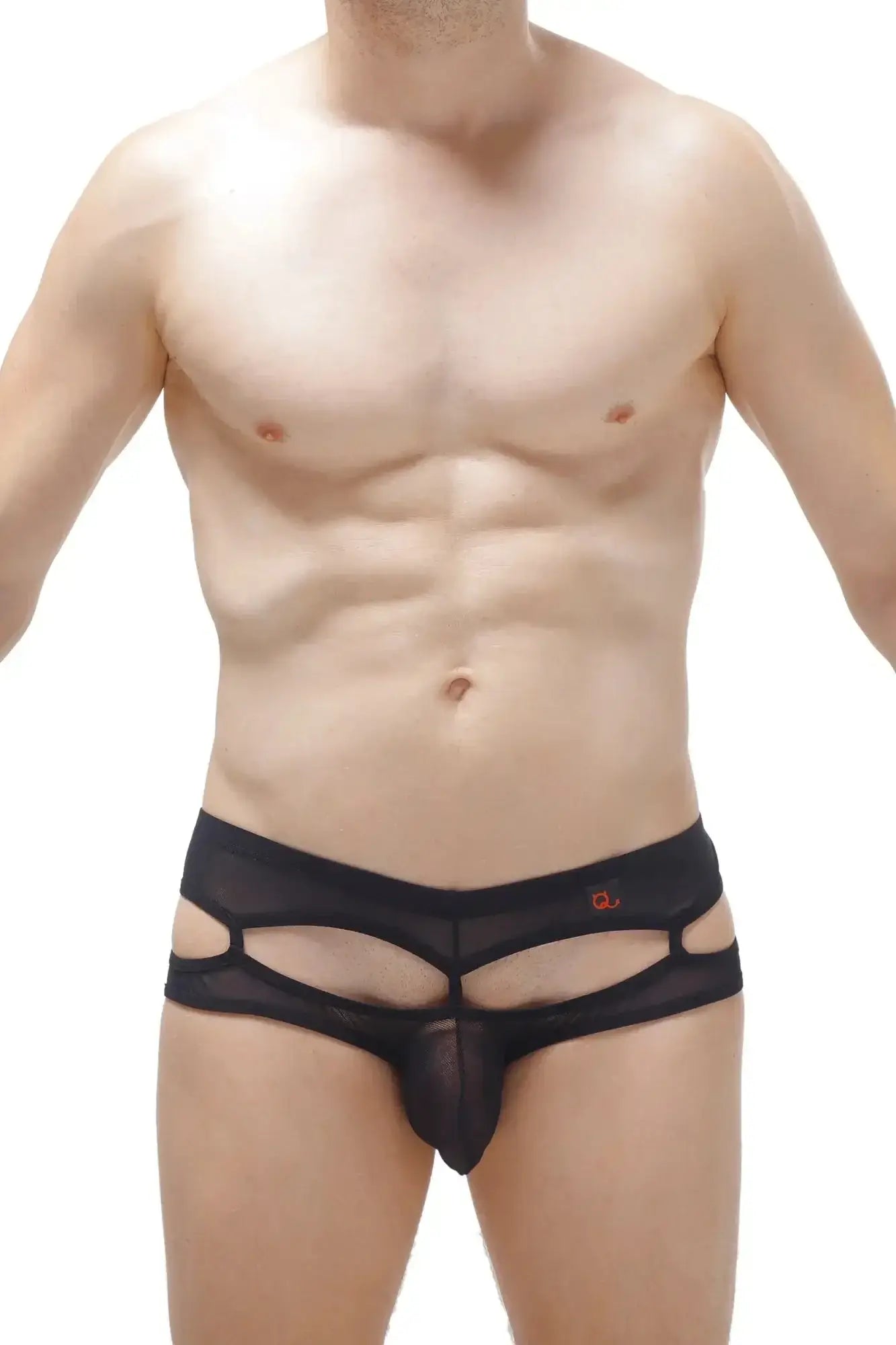 Black mesh briefs petitq bikini carlat net black with distinctive cutout design and orange logo on waistband