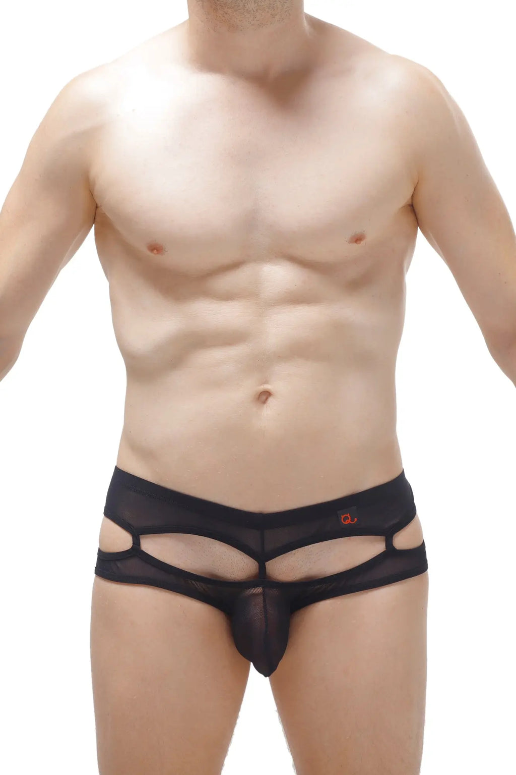 Black mesh briefs petitq bikini carlat net black with distinctive cutout design and orange logo on waistband