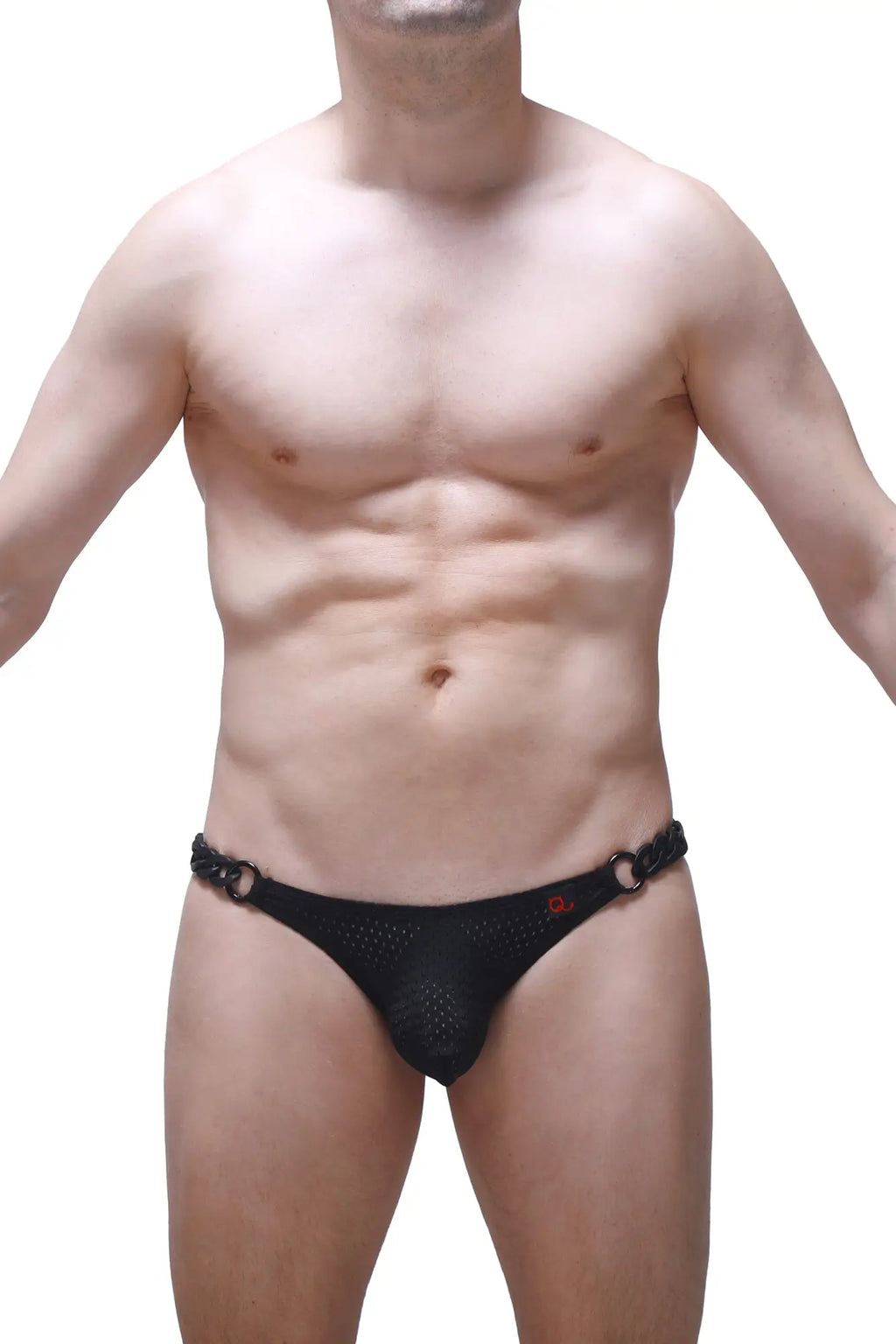 Black mesh petitq bikini chains bee briefs with chain detailing at the waistband front view
