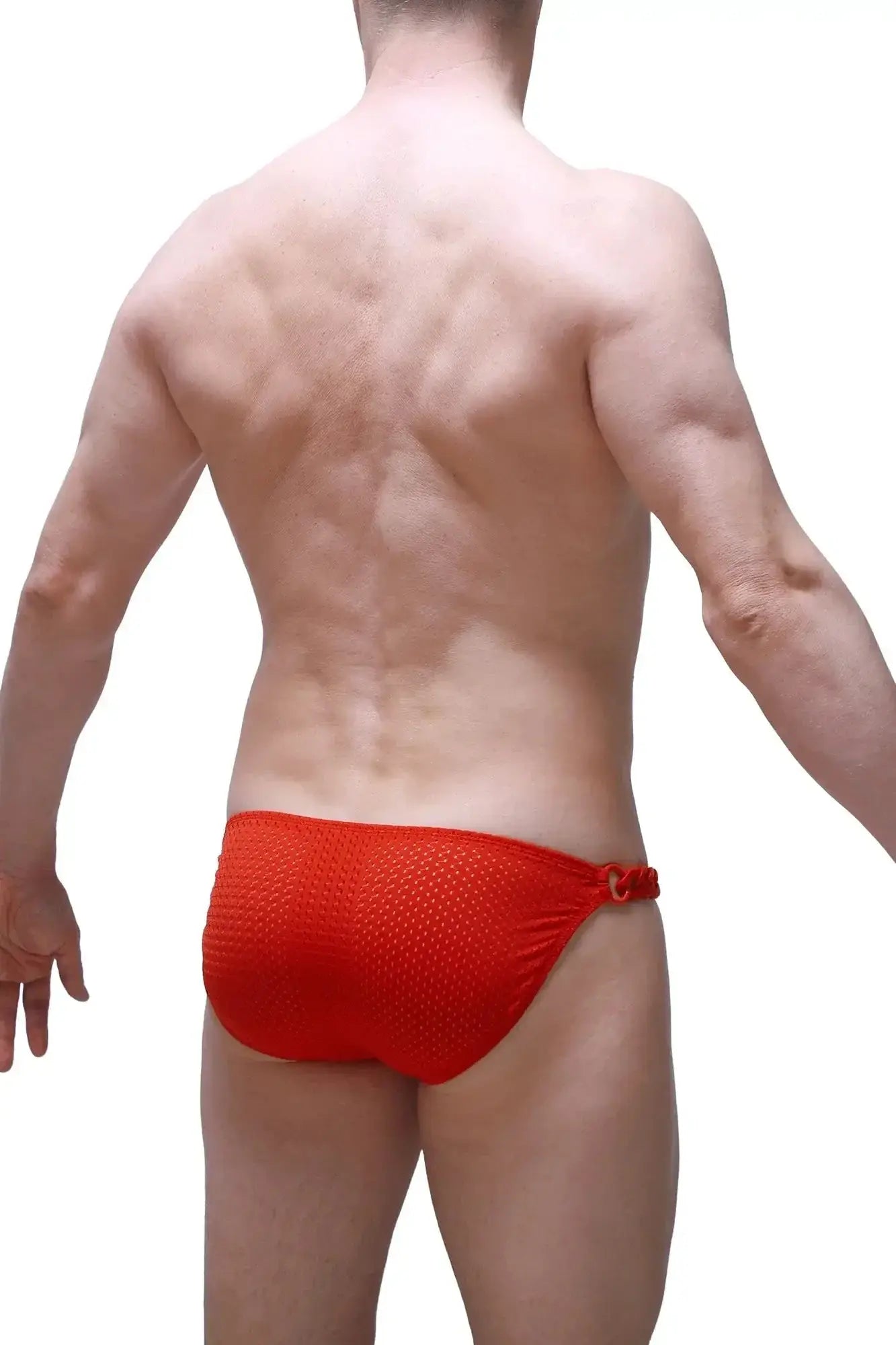Red mesh swim trunks with tied side closure from petitq bikini chains bee red collection