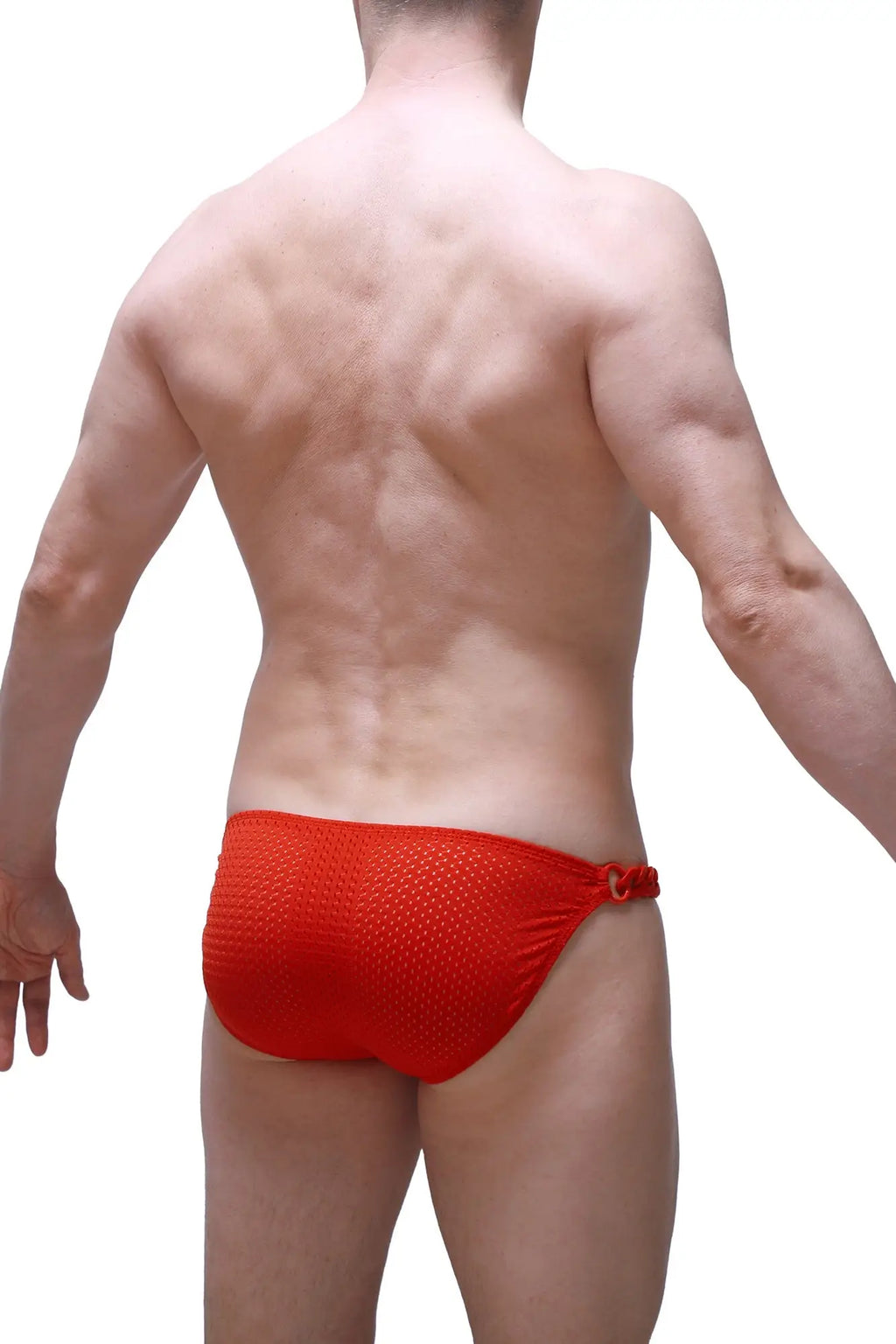 Red mesh swim trunks with tied side closure from petitq bikini chains bee red collection
