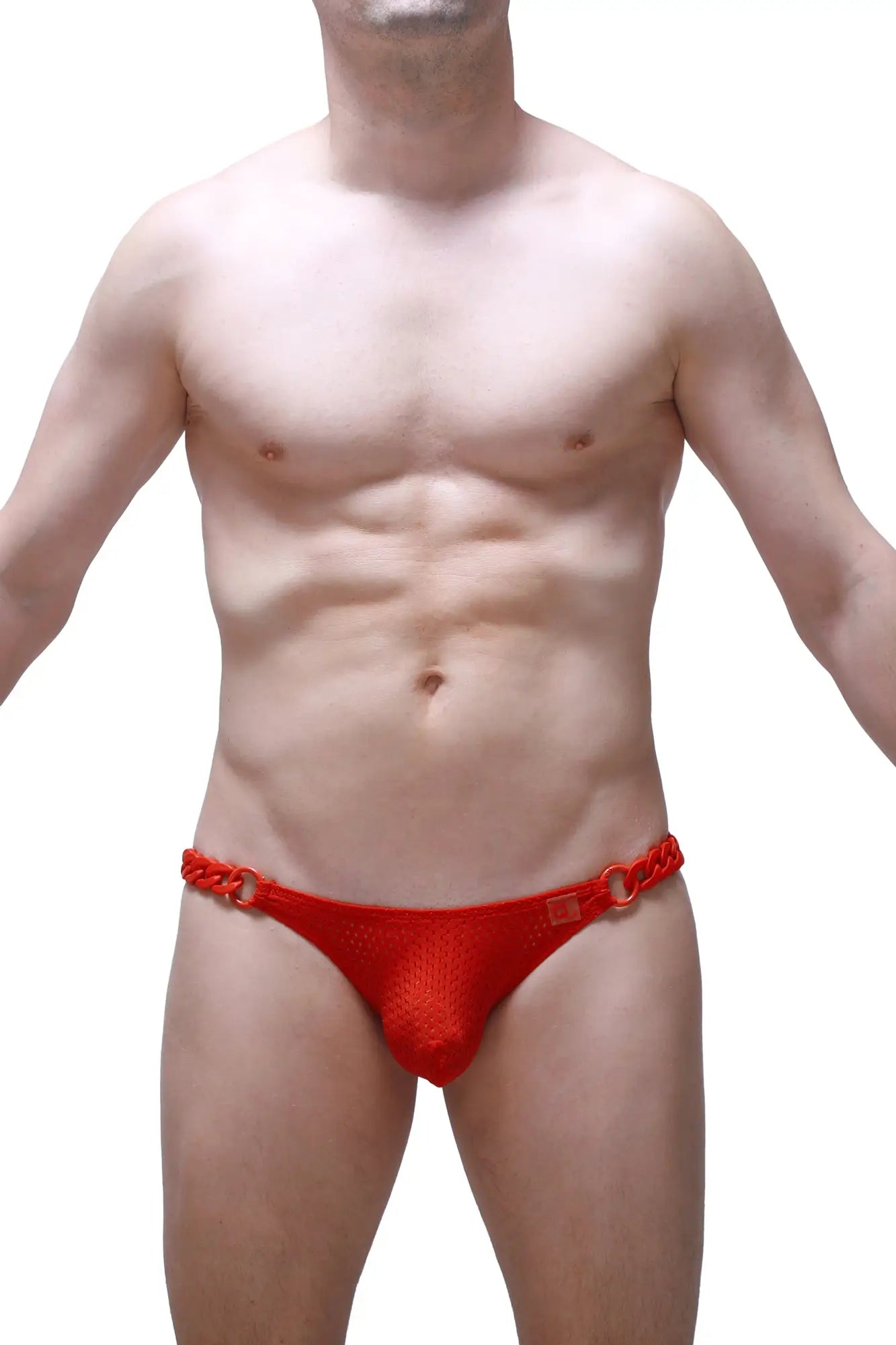 Red mesh thong bikini with braided red chain detailing and metal rings from petitq bikini chains bee red collection