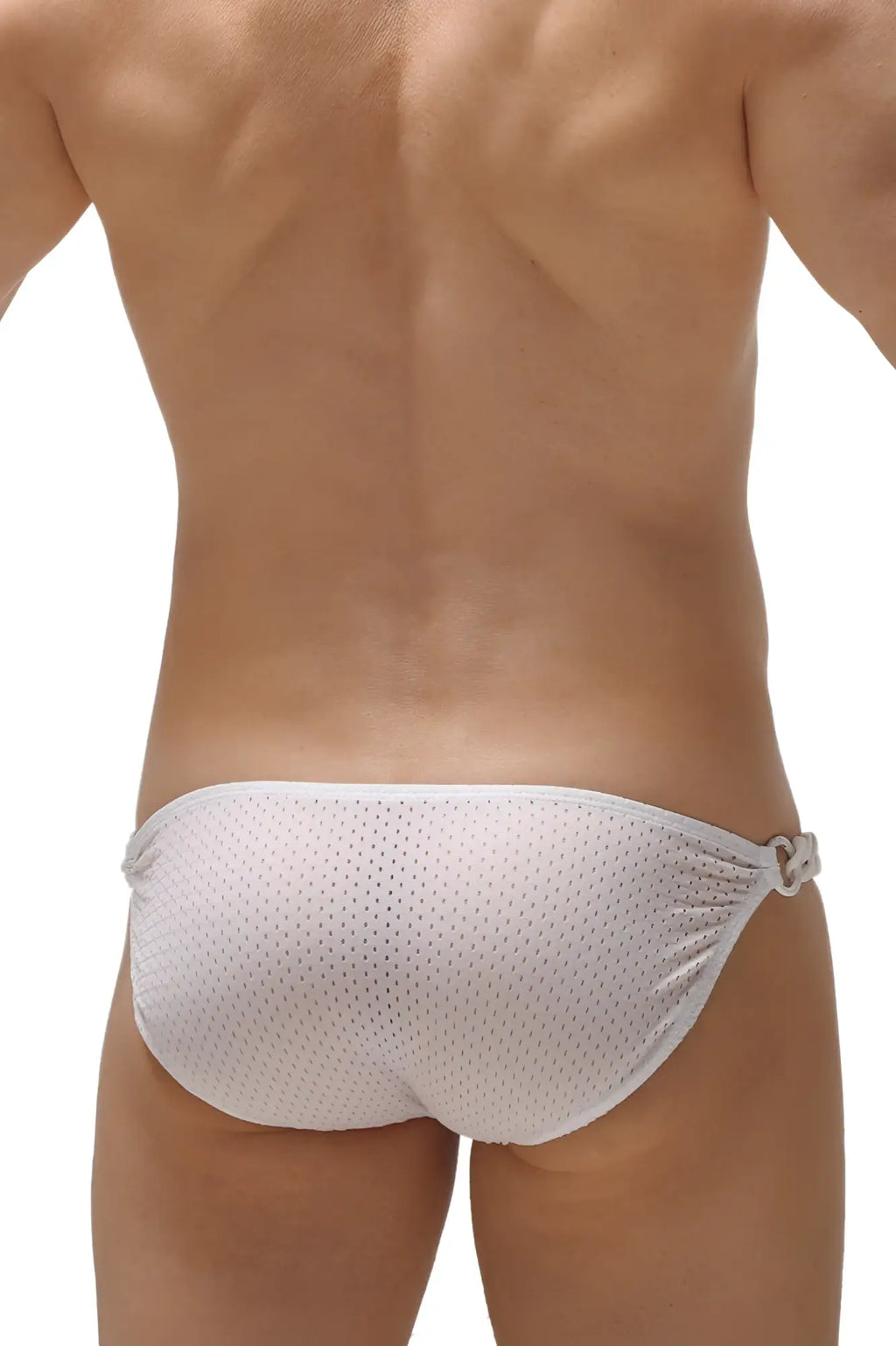 White mesh swim trunks with subtle texture and small metallic buckle on the side from petitq bikini chains bee white collection
