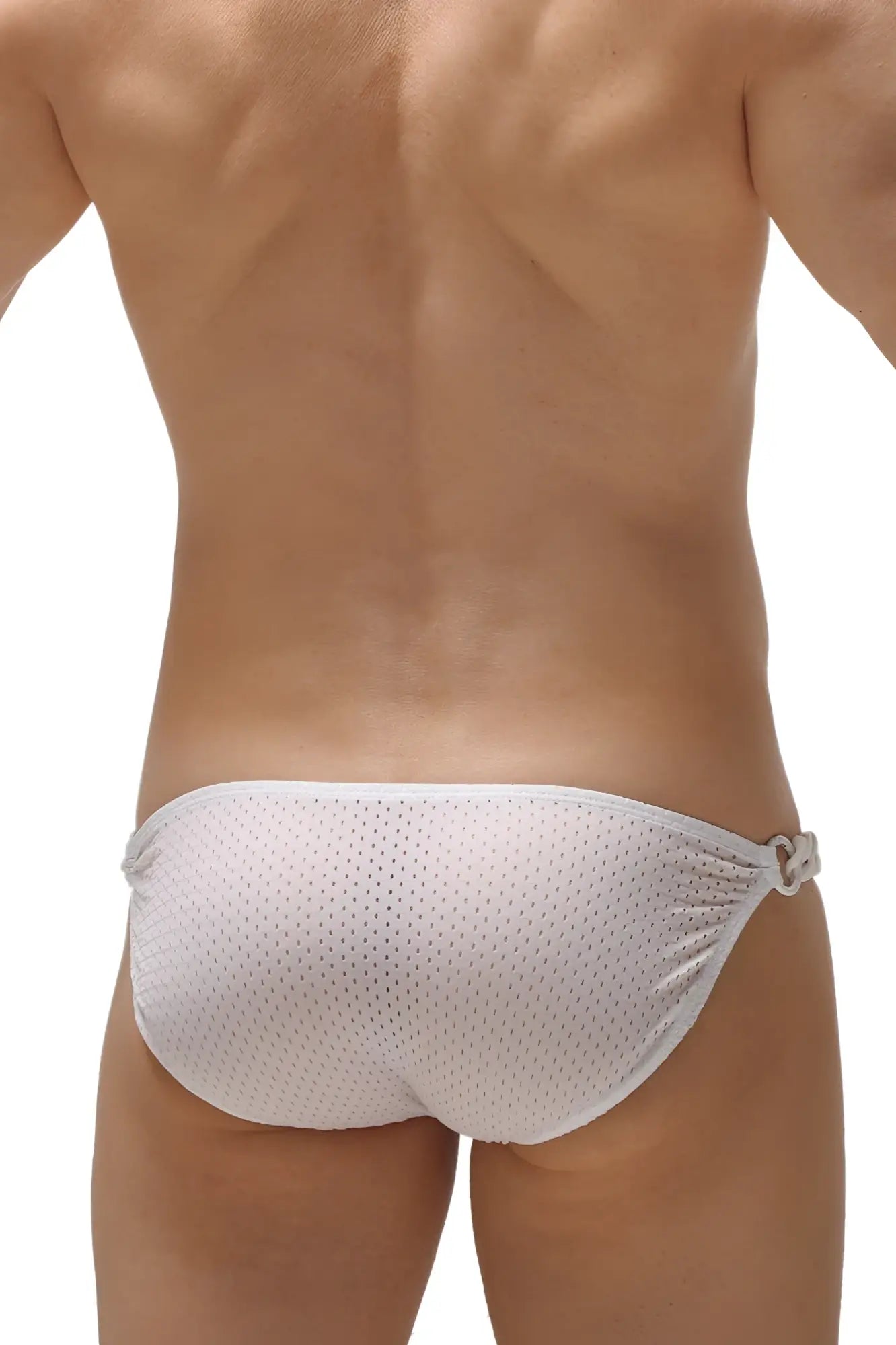 White mesh swim trunks with subtle texture and small metallic buckle on the side from petitq bikini chains bee white collection