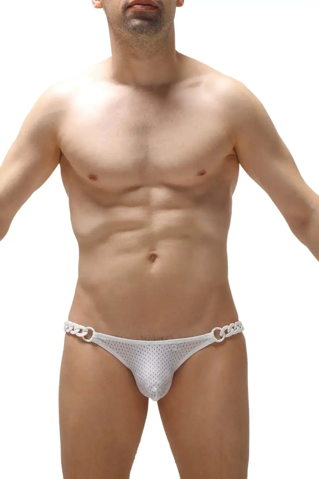 White mesh thong with silver chain detailing at the sides from petitq bikini chains bee white collection