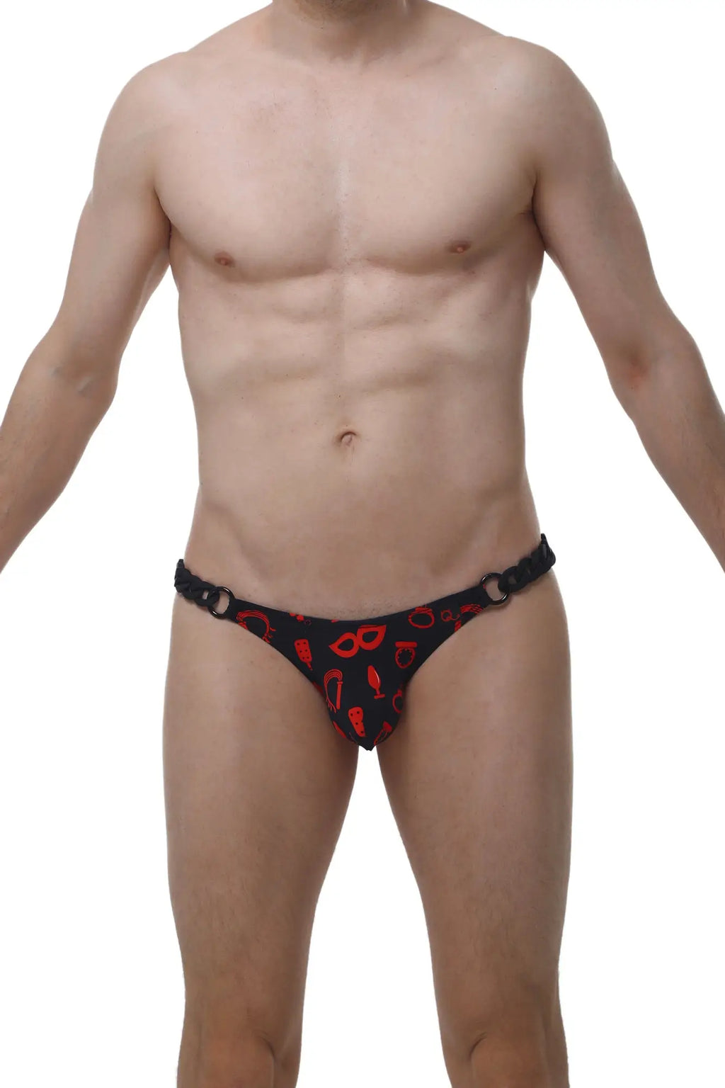 Black thong from PetitQ bikini chains boudoir with red cocktail and mask patterns highlighting boudoir style