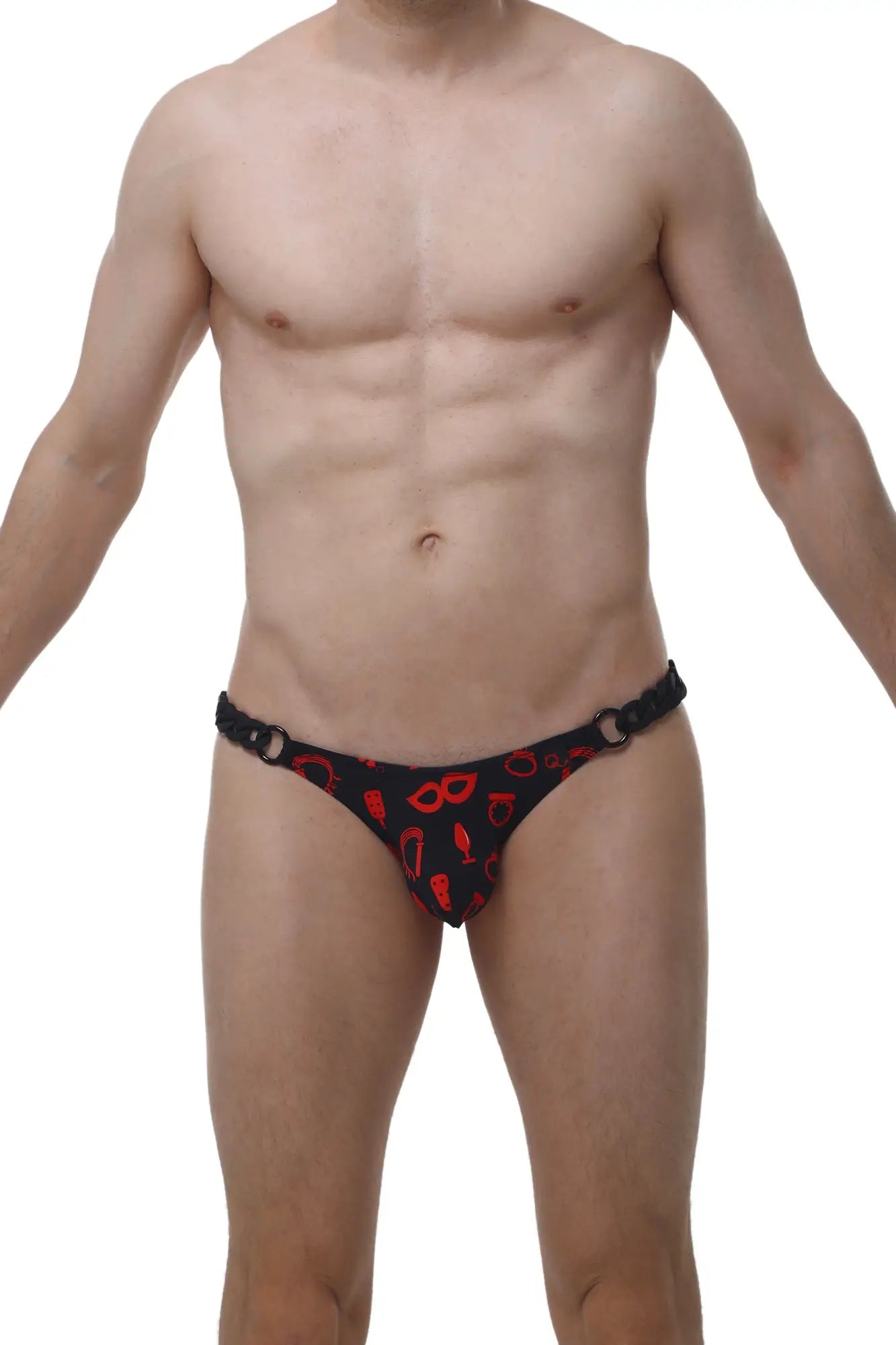 Black thong from PetitQ bikini chains boudoir with red cocktail and mask patterns highlighting boudoir style