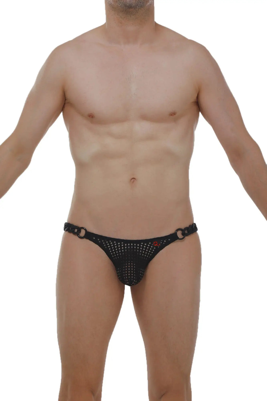 Black mesh briefs with perforated design and metallic rings at waistband from petitq bikini chains durtol black