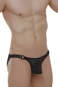 Black mesh thong with braided chain belt and metal rings from petitq bikini chains durtol black collection