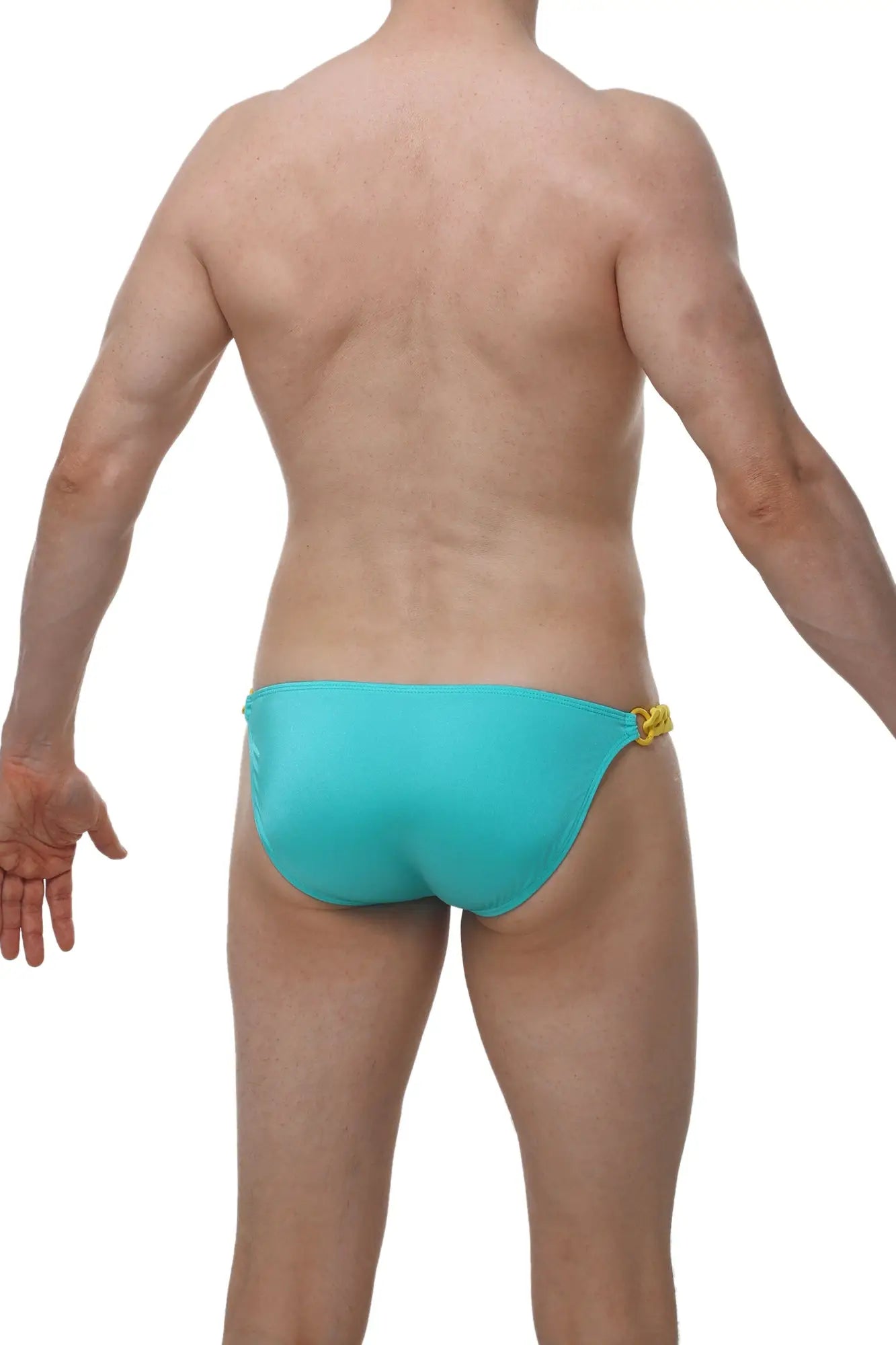 Turquoise one-piece swim trunks with yellow metallic clasp on side from petitq bikini chains joe green collection