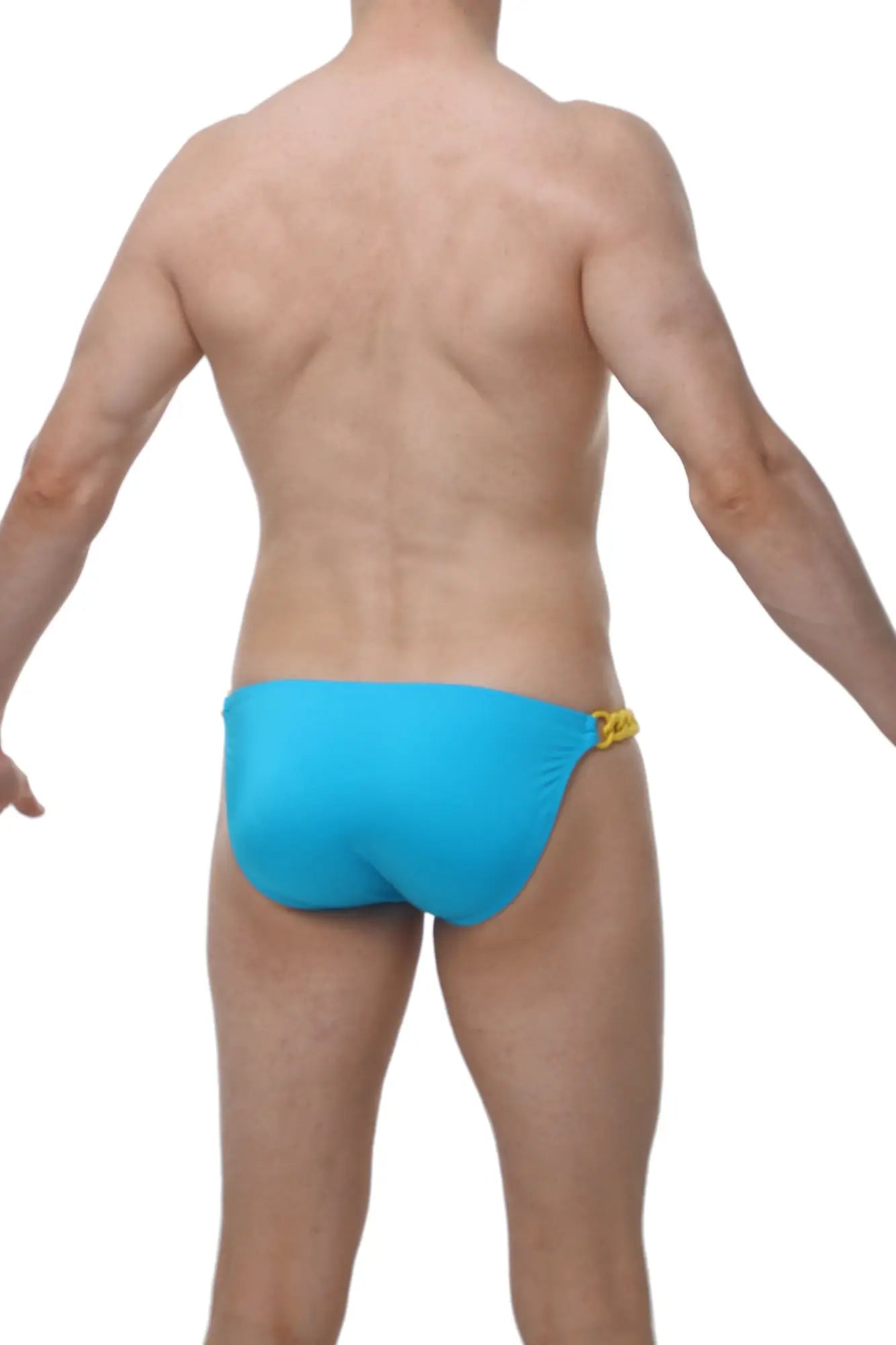 Bright blue swim trunks PetitQ Bikini Chains Joe turquoise with yellow chain detail on the side for beachwear