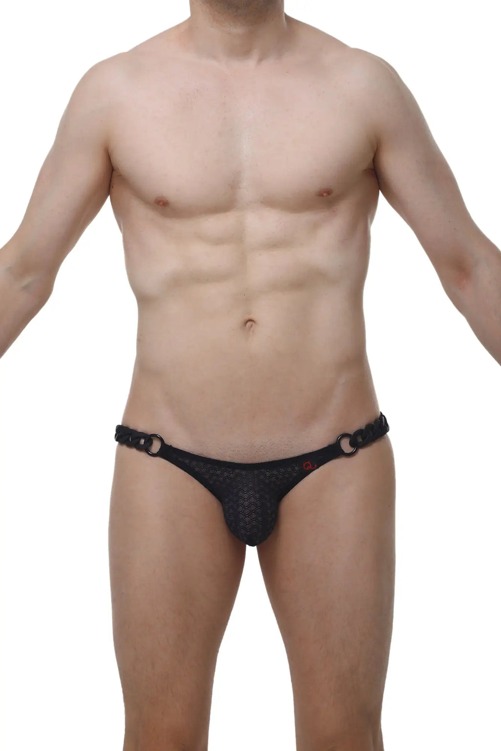 Black mesh briefs with a chain-like waistband and red PetitQ branding in PetitQ bikini chains Macra black style