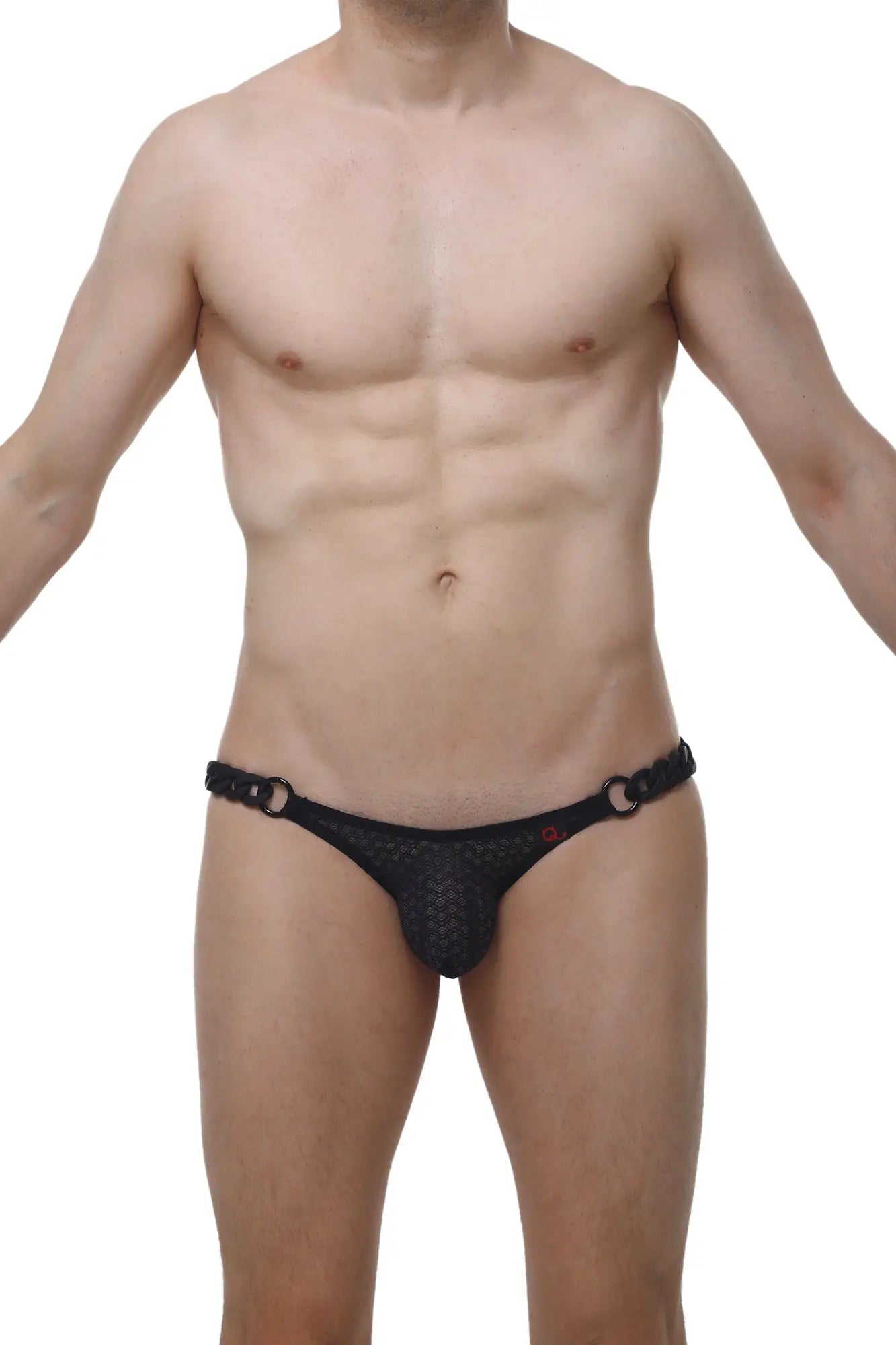 Black mesh briefs with a chain-like waistband and red PetitQ branding in PetitQ bikini chains Macra black style