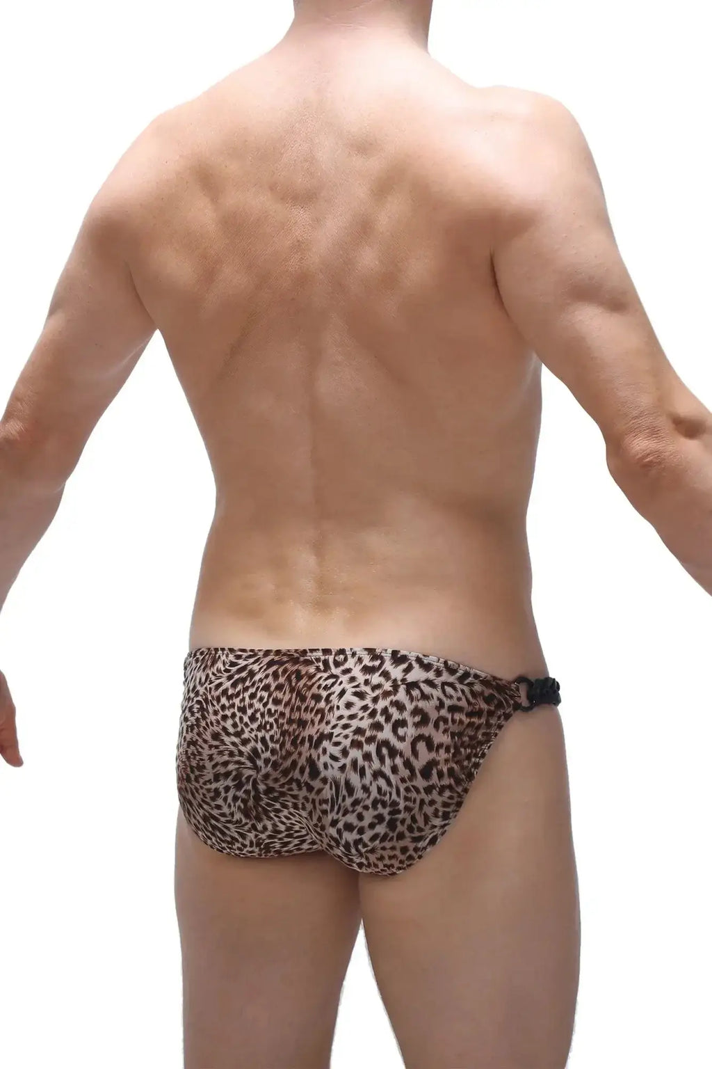 Leopard-print swim trunks with a black adjustable waistband from petitq bikini chains panthere collection