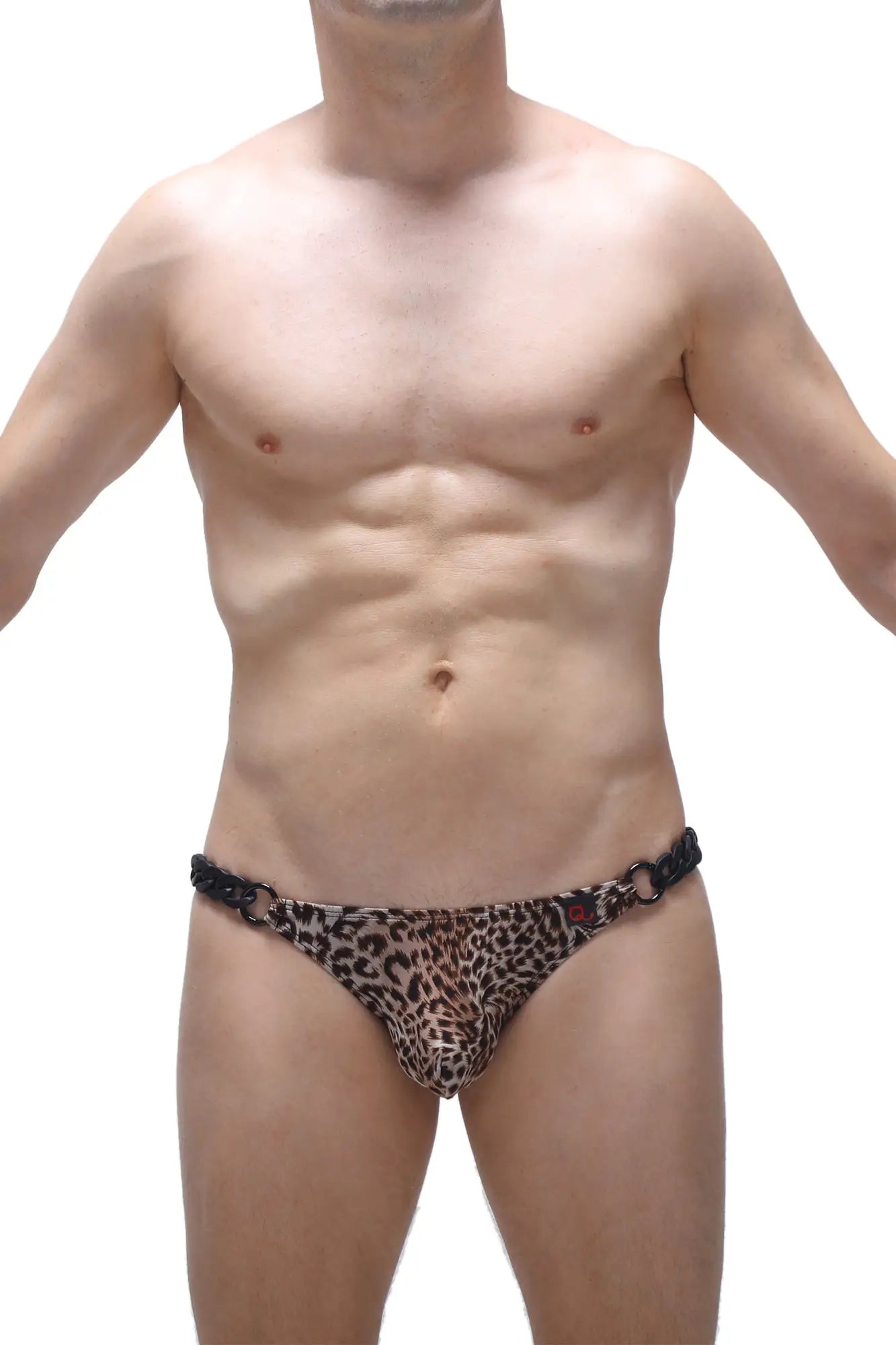 Petitq bikini chains panthere leopard-print thong with black chain detailing and small red logo on waistband