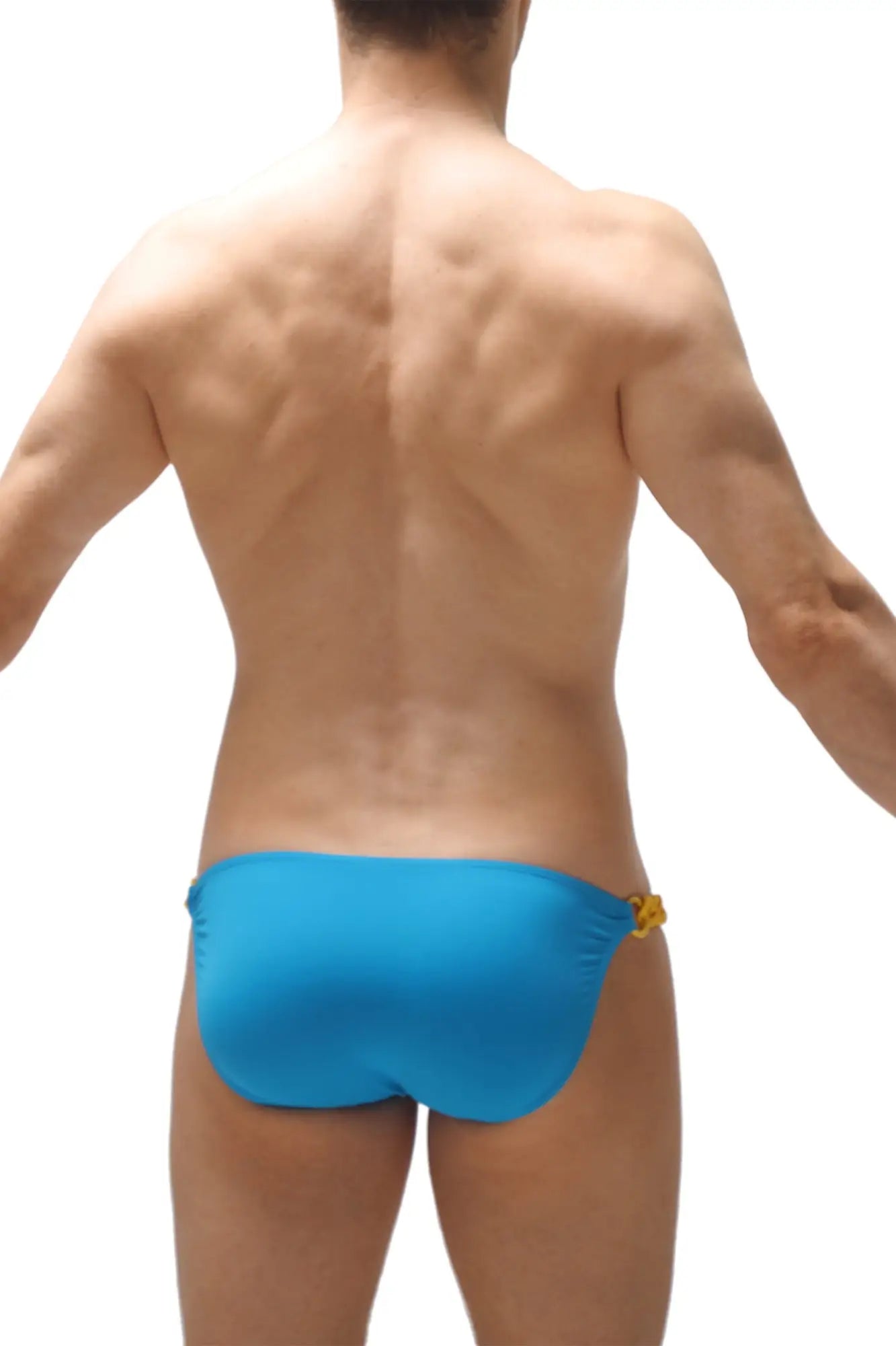 Bright blue petitq bikini chains turquoise swim trunks with yellow decorative clasp on the side