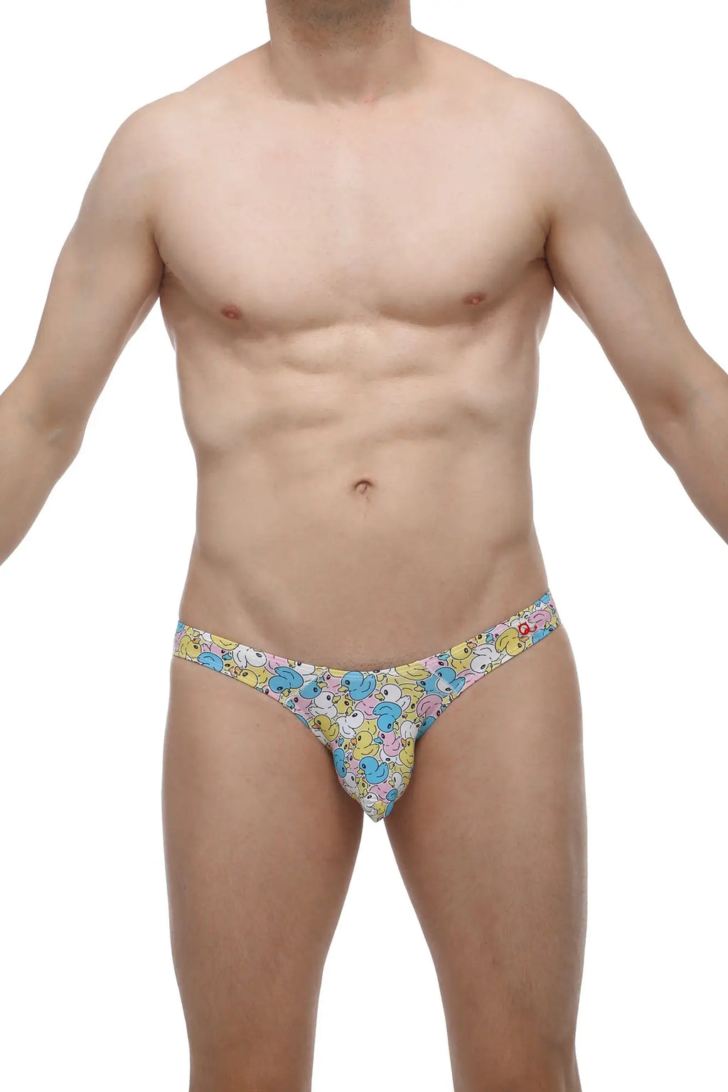 PetitQ bikini chill duckies colorful cartoon duck-patterned men’s thong with vibrant playful design front view