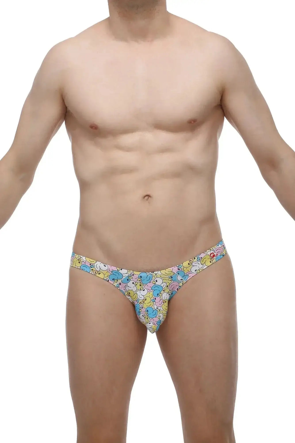 PetitQ bikini chill duckies colorful cartoon duck-patterned men’s thong with vibrant playful design front view