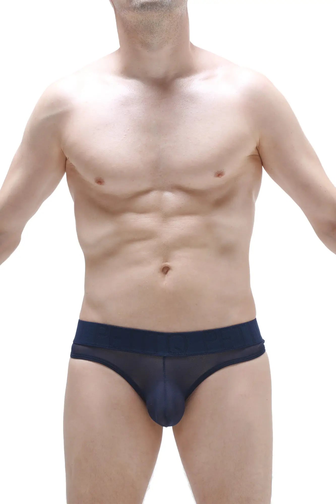 Navy blue sheer mesh briefs with solid waistband from petitq bikini chisa net navy showing front side
