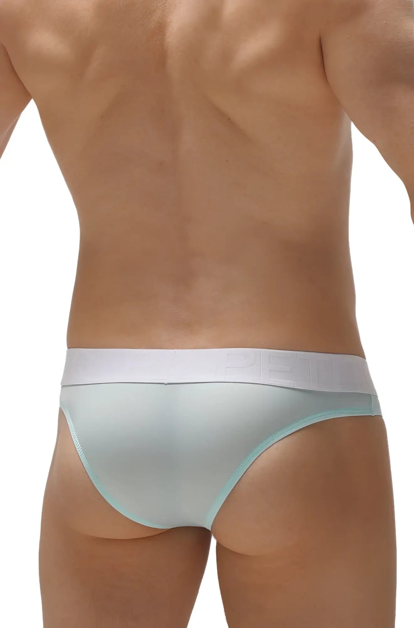 Light blue satin briefs with a white waistband featuring subtle branding from petitq bikini chisa plum mint collection